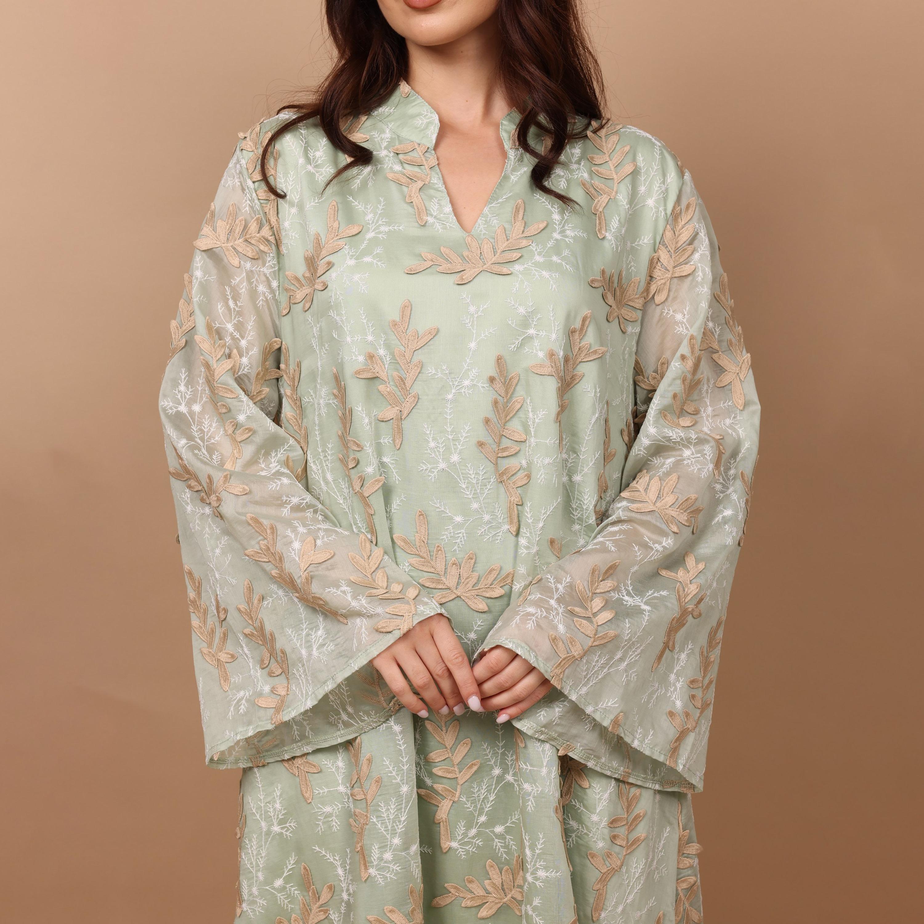 IKKXA Split V-Neck Wide Sleeves Botanical Embroidered Women's Jalabiya-women-arabicclothing-jalabiyas-image-10