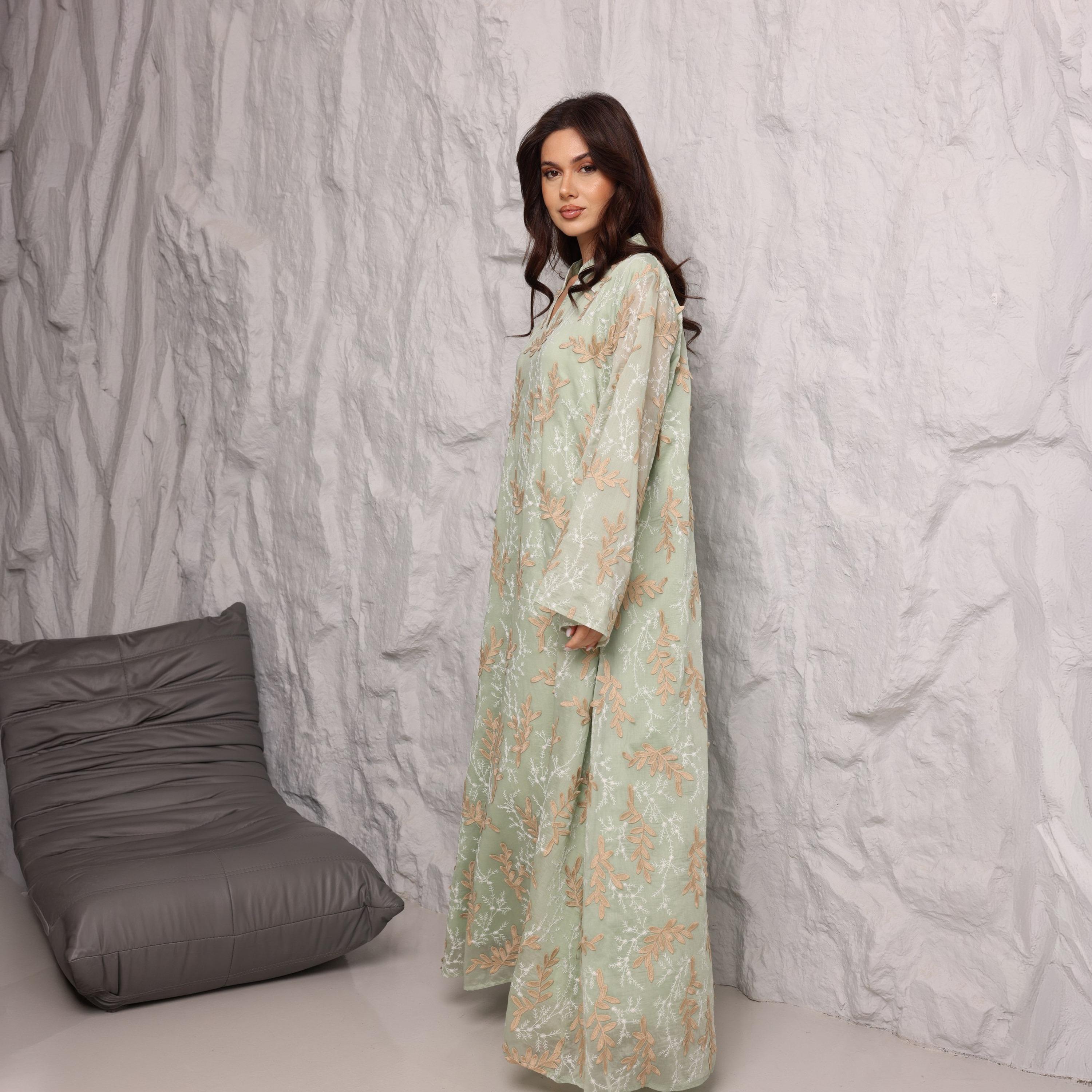 IKKXA Split V-Neck Wide Sleeves Botanical Embroidered Women's Jalabiya-women-arabicclothing-jalabiyas-image-11