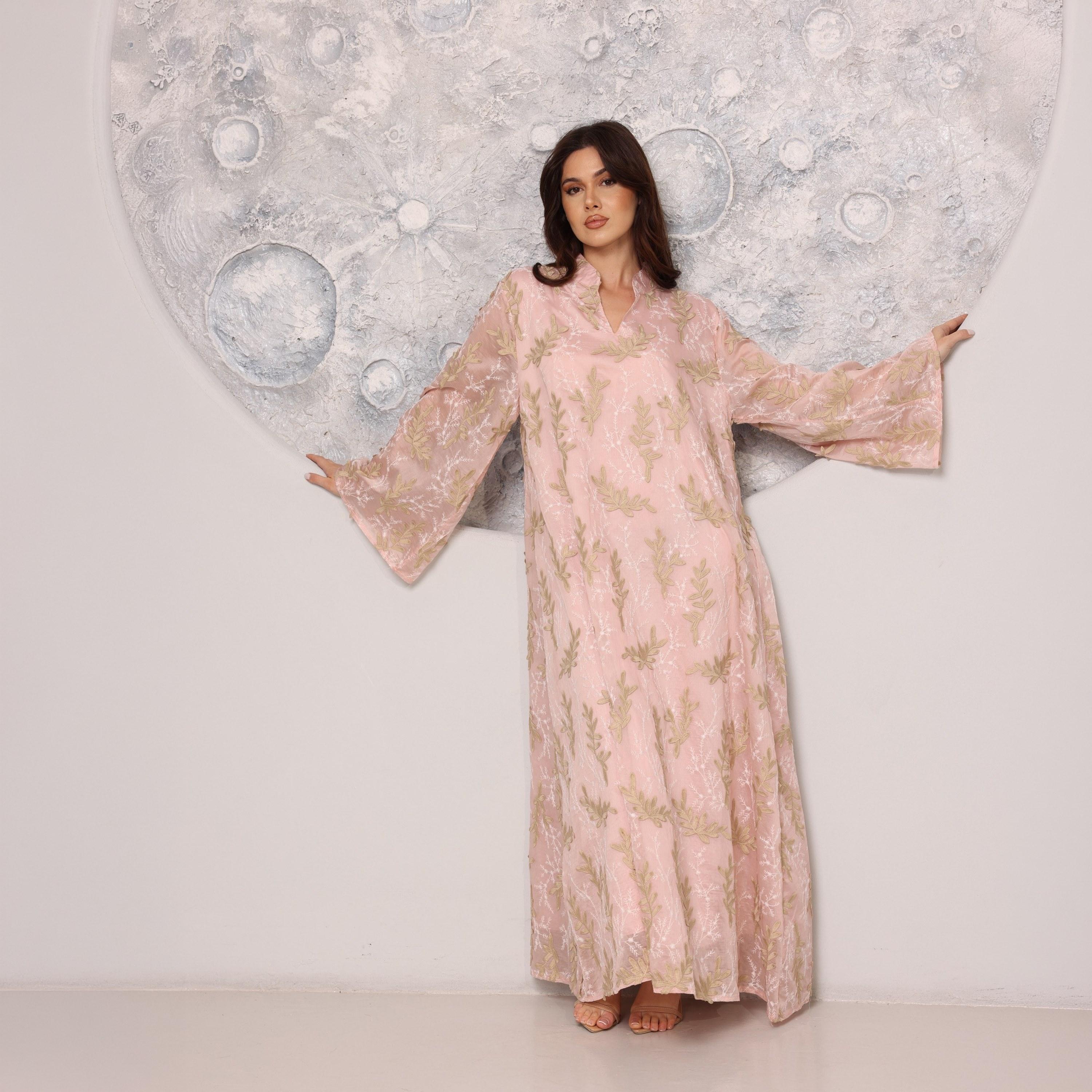 IKKXA Split V-Neck Wide Sleeves Botanical Embroidered Women's Jalabiya-women-arabicclothing-jalabiyas-image-1