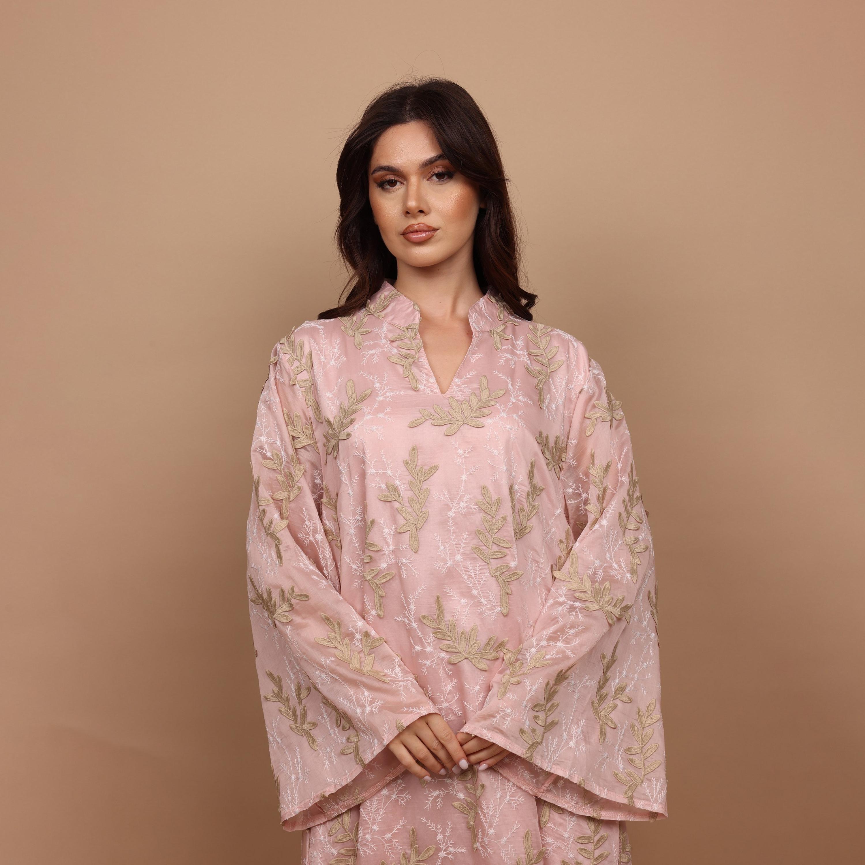 IKKXA Split V-Neck Wide Sleeves Botanical Embroidered Women's Jalabiya-women-arabicclothing-jalabiyas-image-2