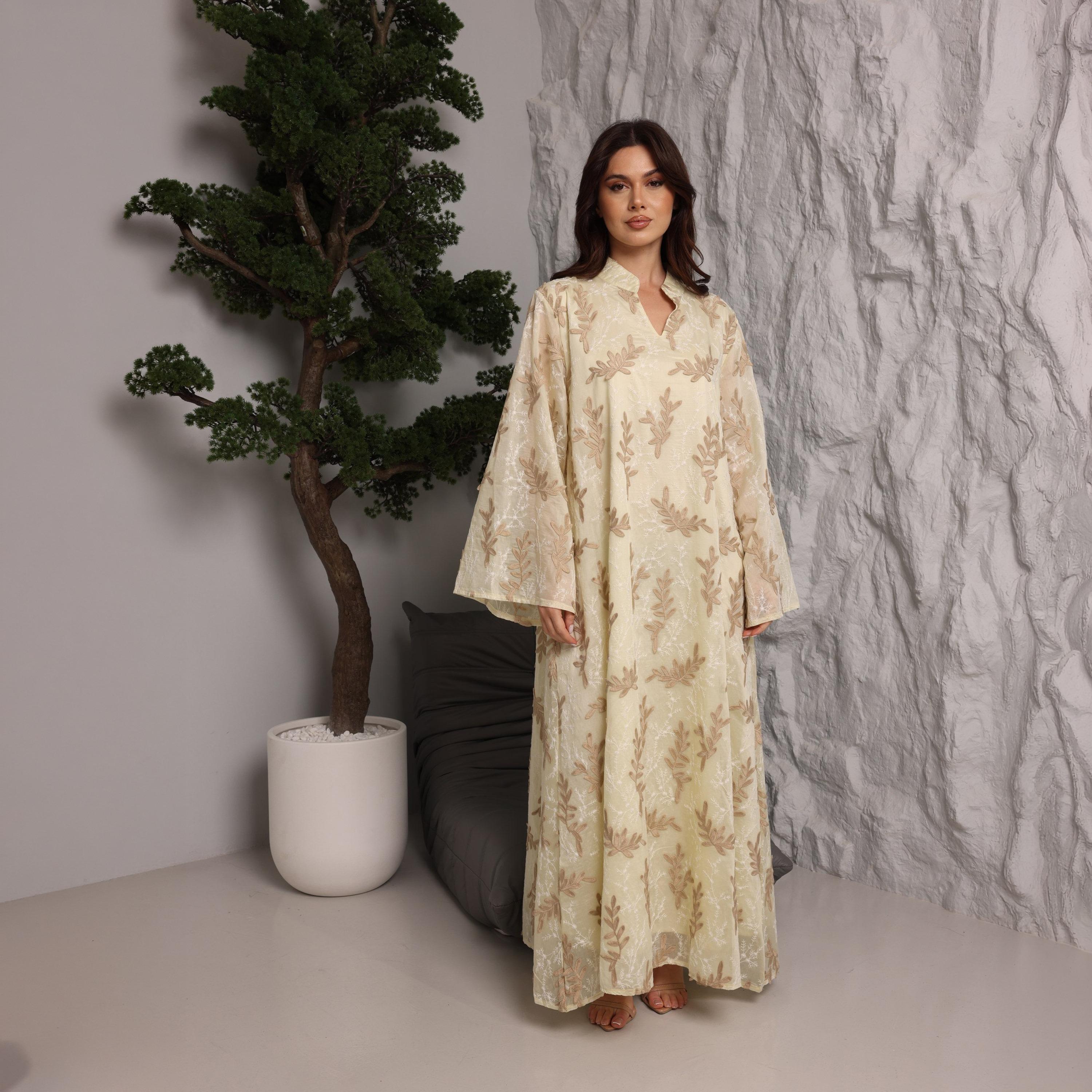 IKKXA Split V-Neck Wide Sleeves Botanical Embroidered Women's Jalabiya-women-arabicclothing-jalabiyas-image-13