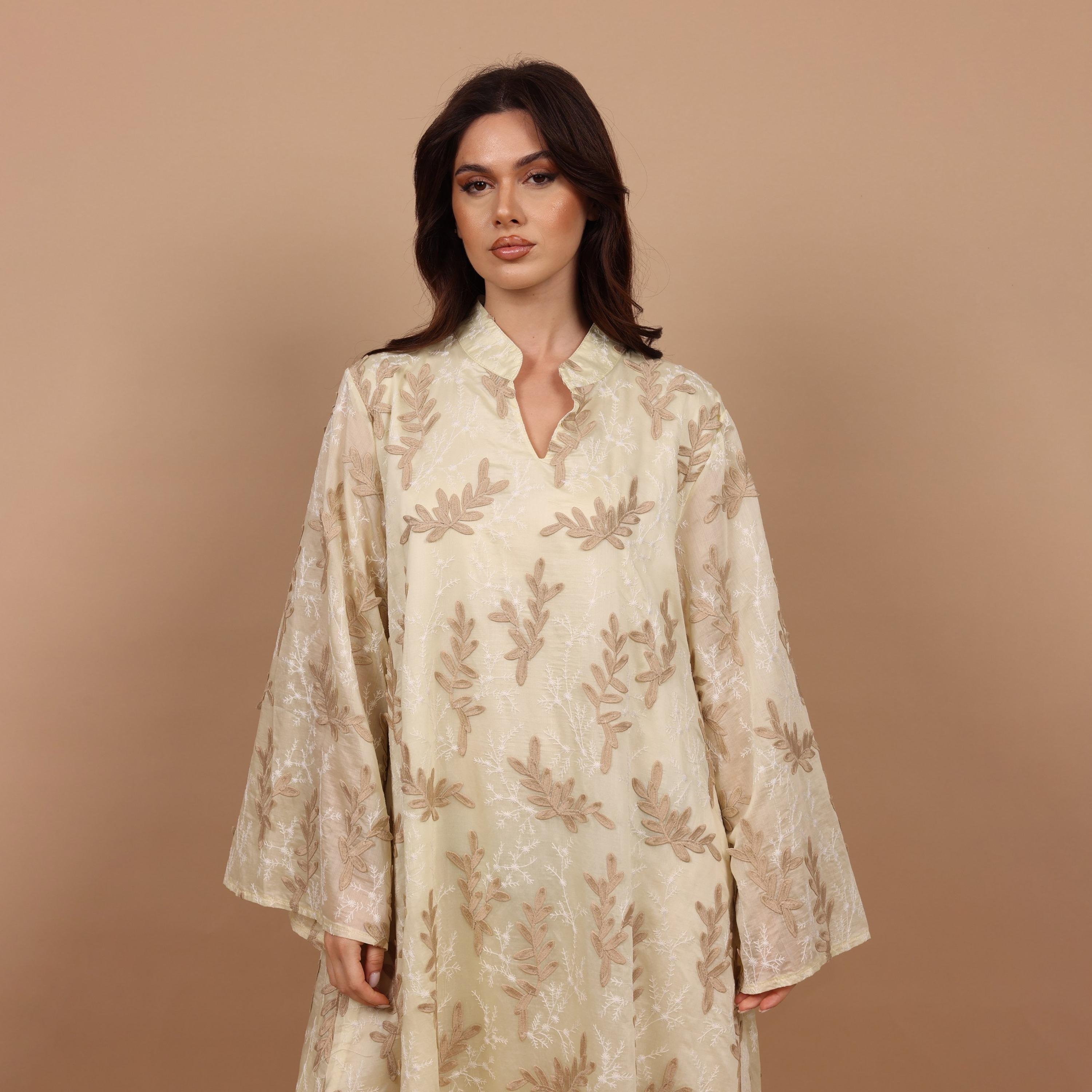 IKKXA Split V-Neck Wide Sleeves Botanical Embroidered Women's Jalabiya-women-arabicclothing-jalabiyas-image-14