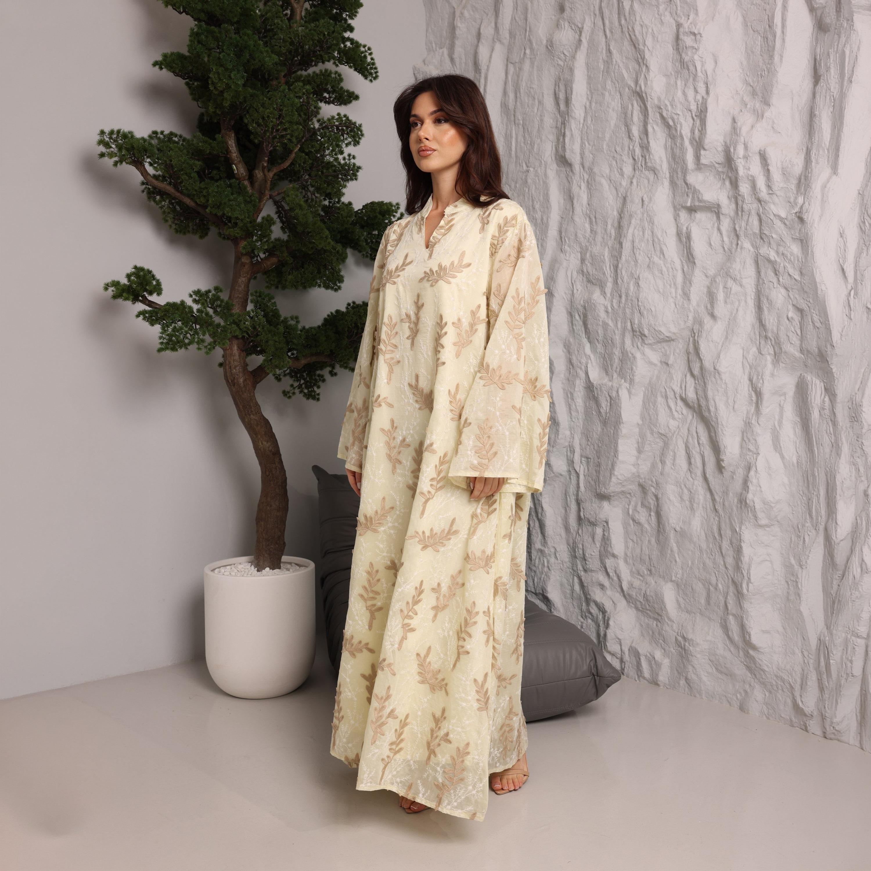 IKKXA Split V-Neck Wide Sleeves Botanical Embroidered Women's Jalabiya-women-arabicclothing-jalabiyas-image-15
