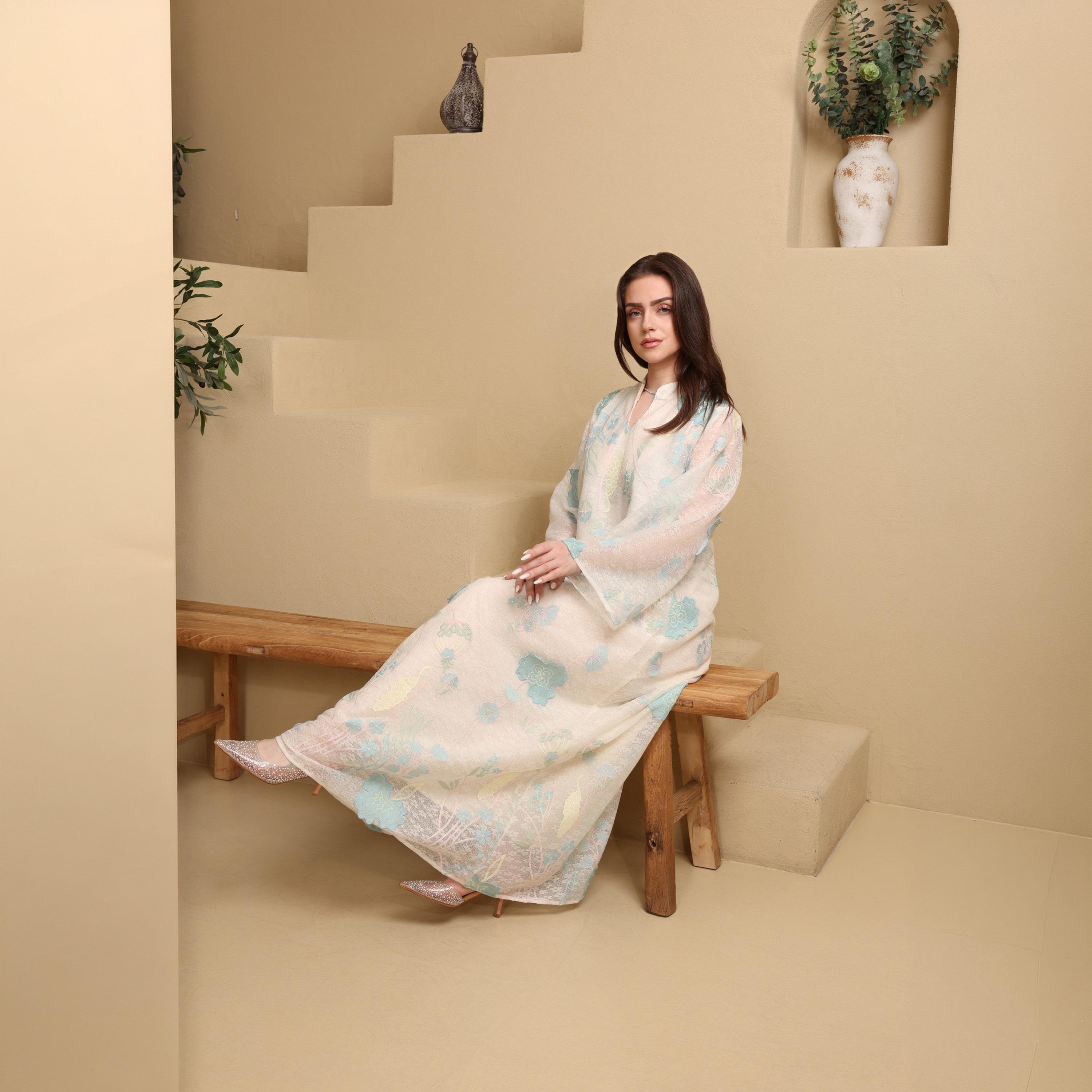 IKKXA Flared Sleeves Floral Embroidered and Lace Women's Jalabiya-women-arabicclothing-jalabiyas-image-3