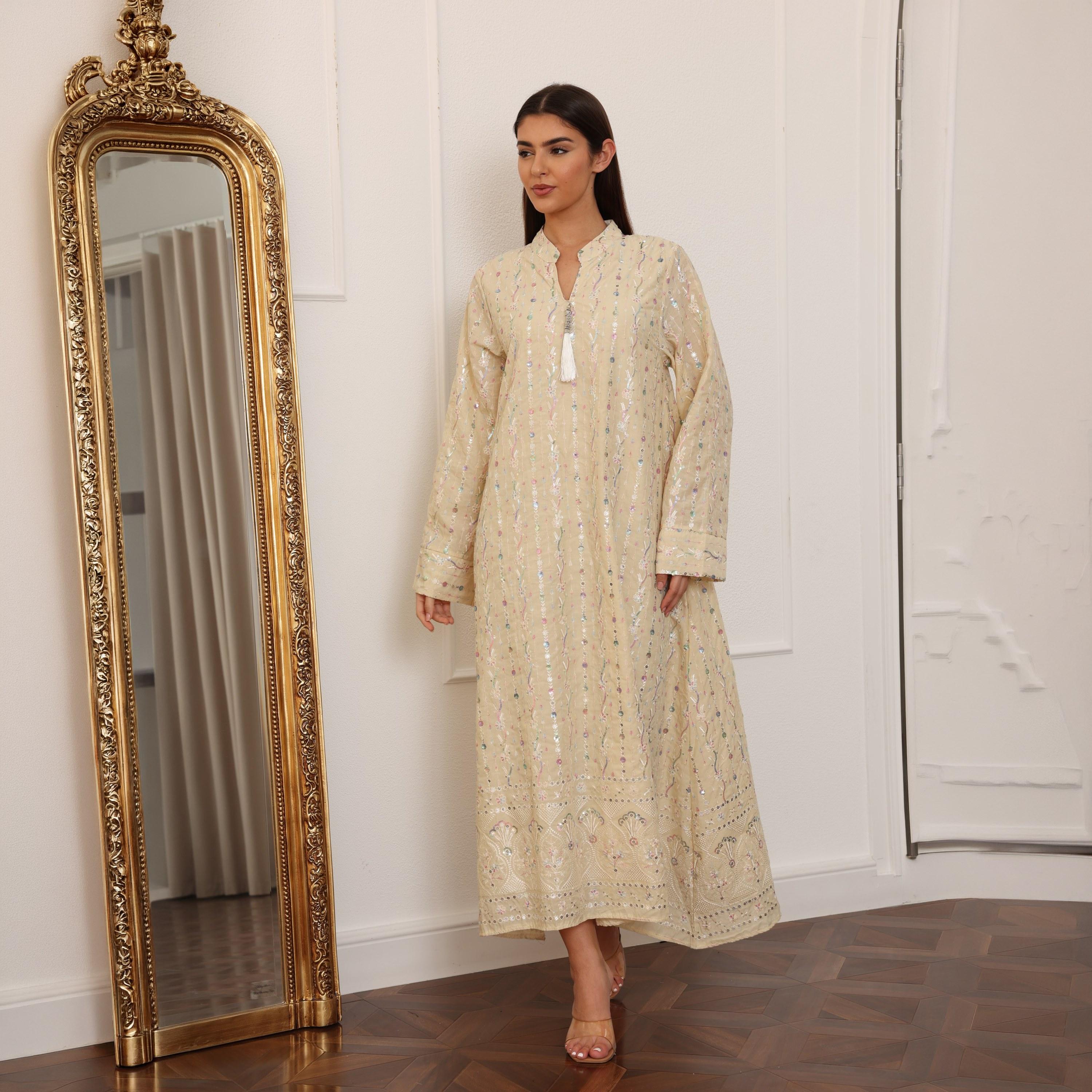 IKKXA Mandarin Collar All Over Embroidered and Sequined Women's Evening Jalabiya-women-arabicclothing-jalabiyas-image-14
