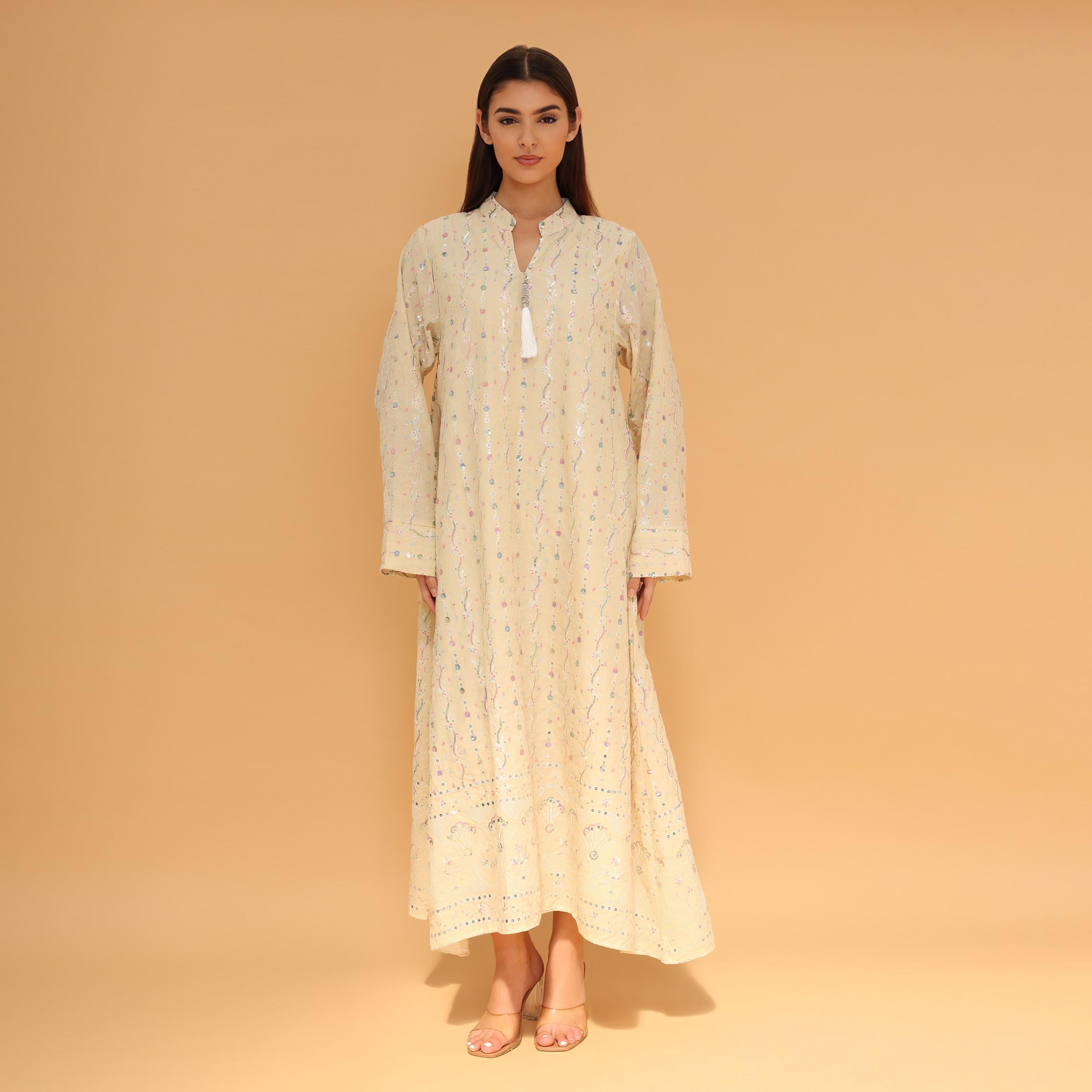IKKXA Mandarin Collar All Over Embroidered and Sequined Women's Evening Jalabiya-women-arabicclothing-jalabiyas-image-17