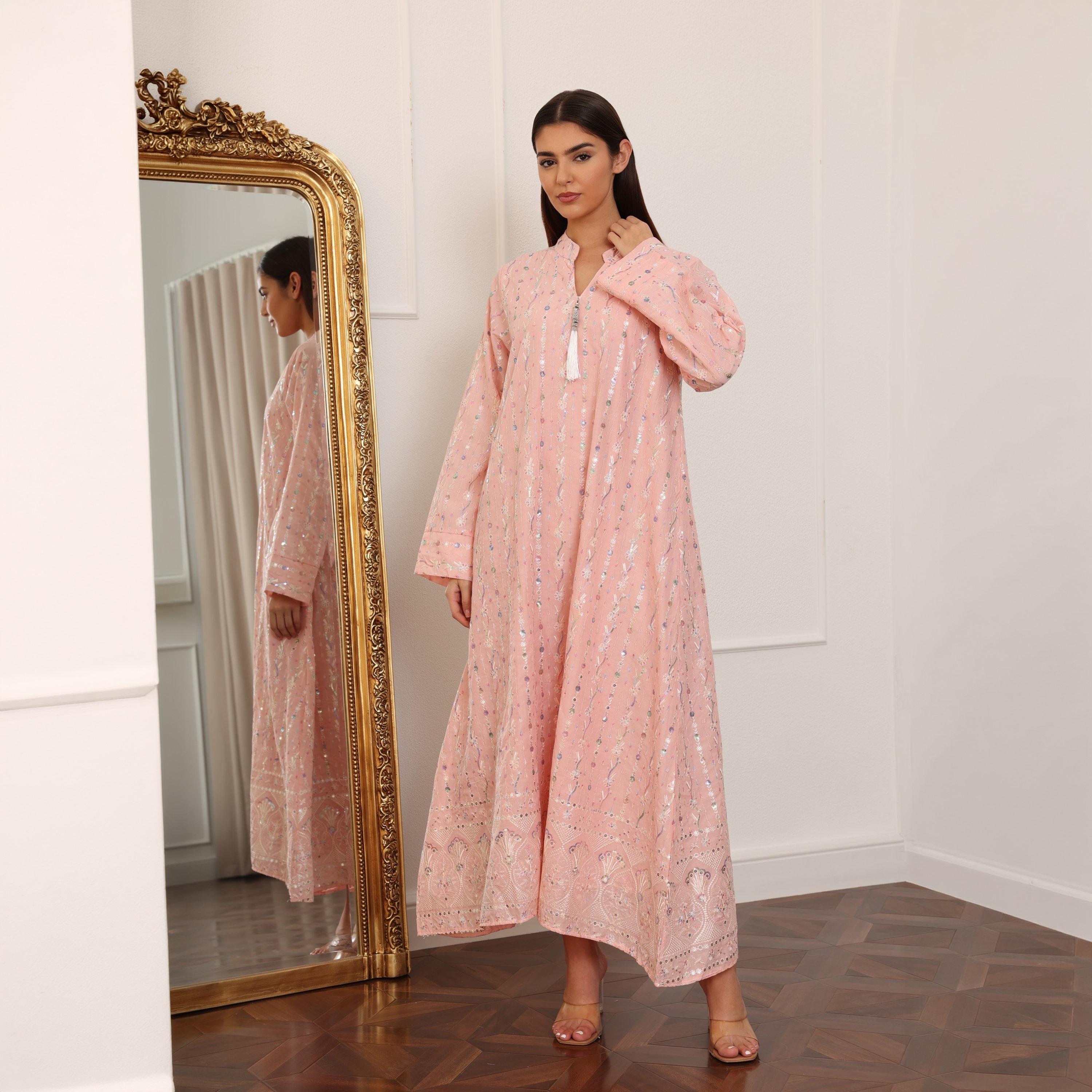 IKKXA Mandarin Collar All Over Embroidered and Sequined Women's Evening Jalabiya-women-arabicclothing-jalabiyas-image-1