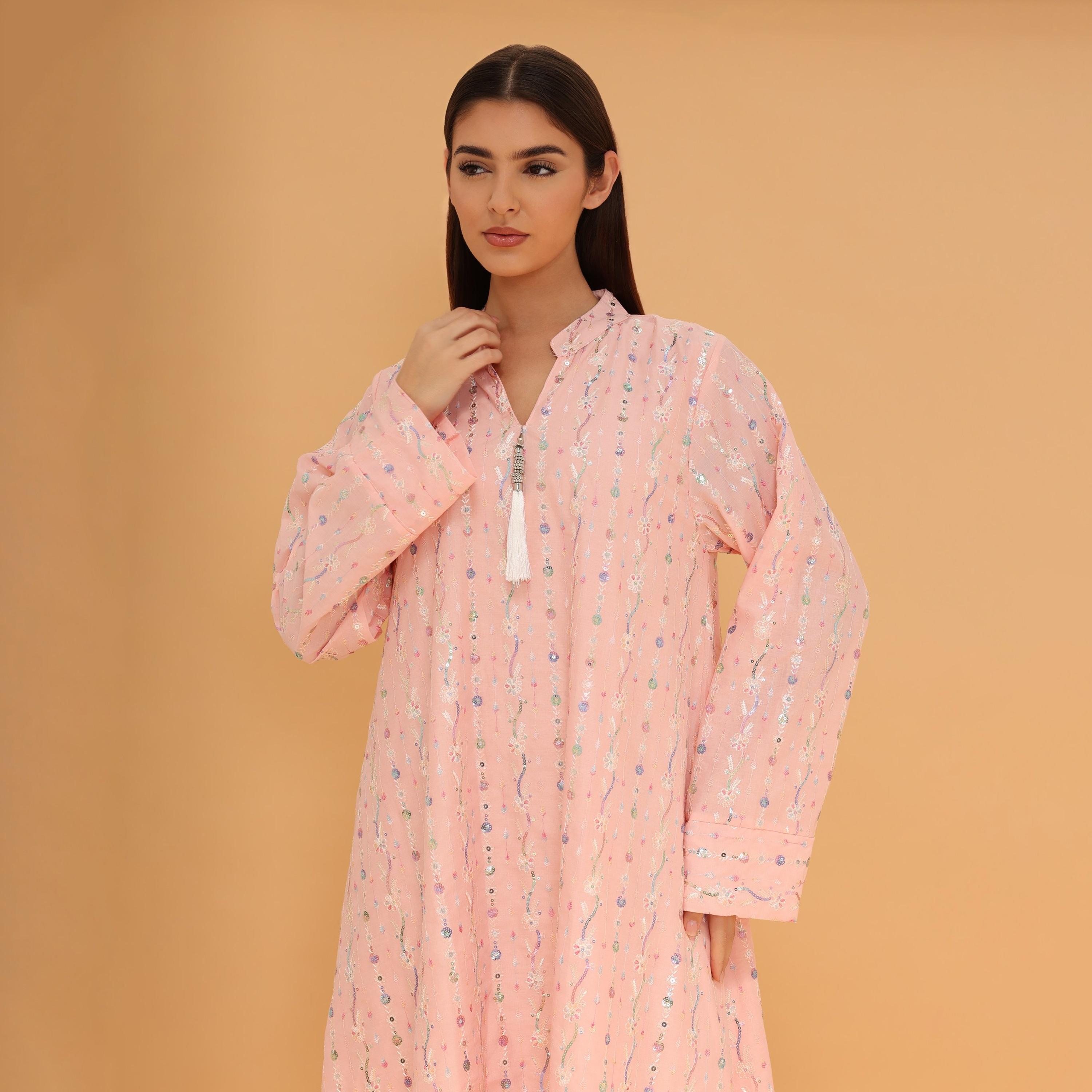 IKKXA Mandarin Collar All Over Embroidered and Sequined Women's Evening Jalabiya-women-arabicclothing-jalabiyas-image-2