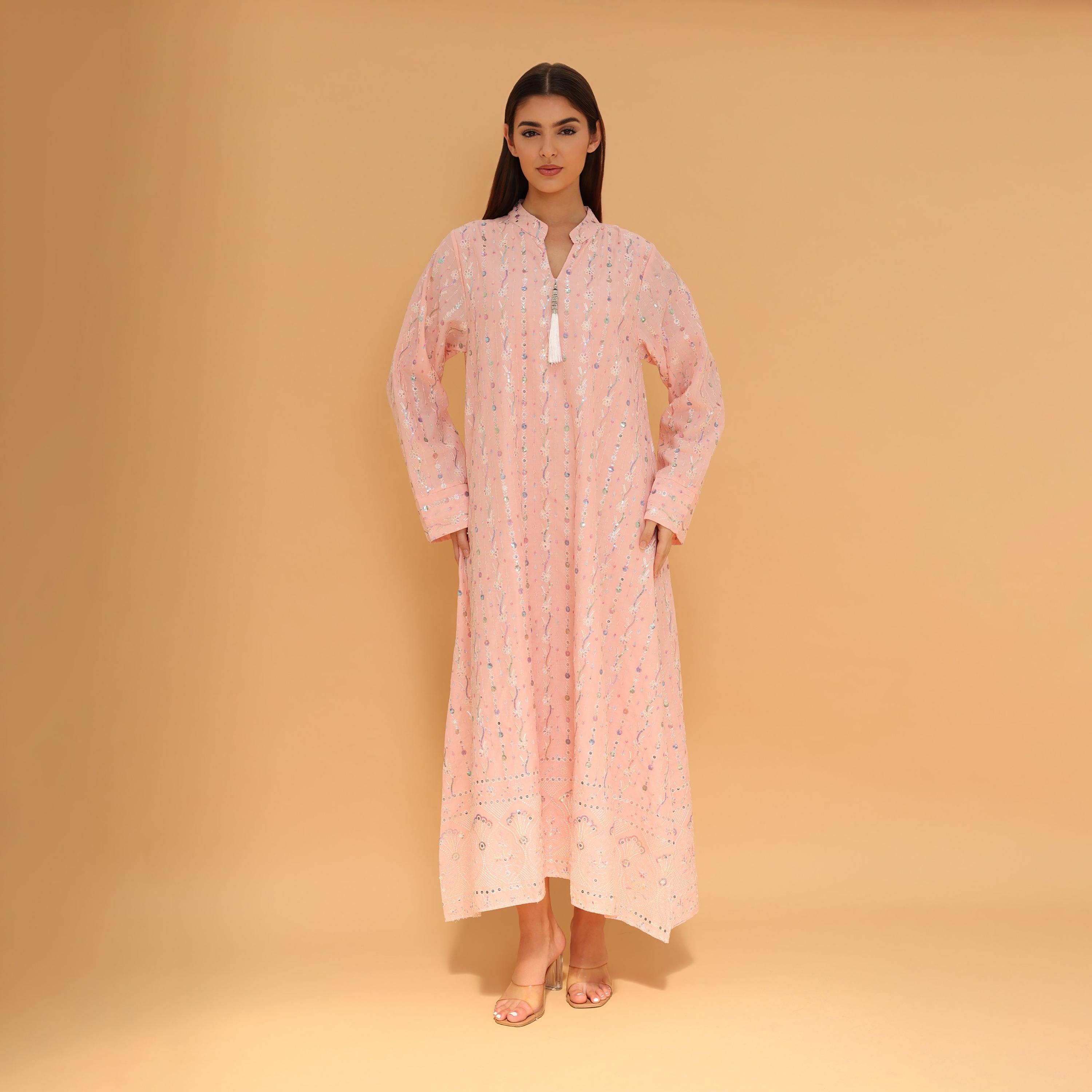 IKKXA Mandarin Collar All Over Embroidered and Sequined Women's Evening Jalabiya-women-arabicclothing-jalabiyas-image-4