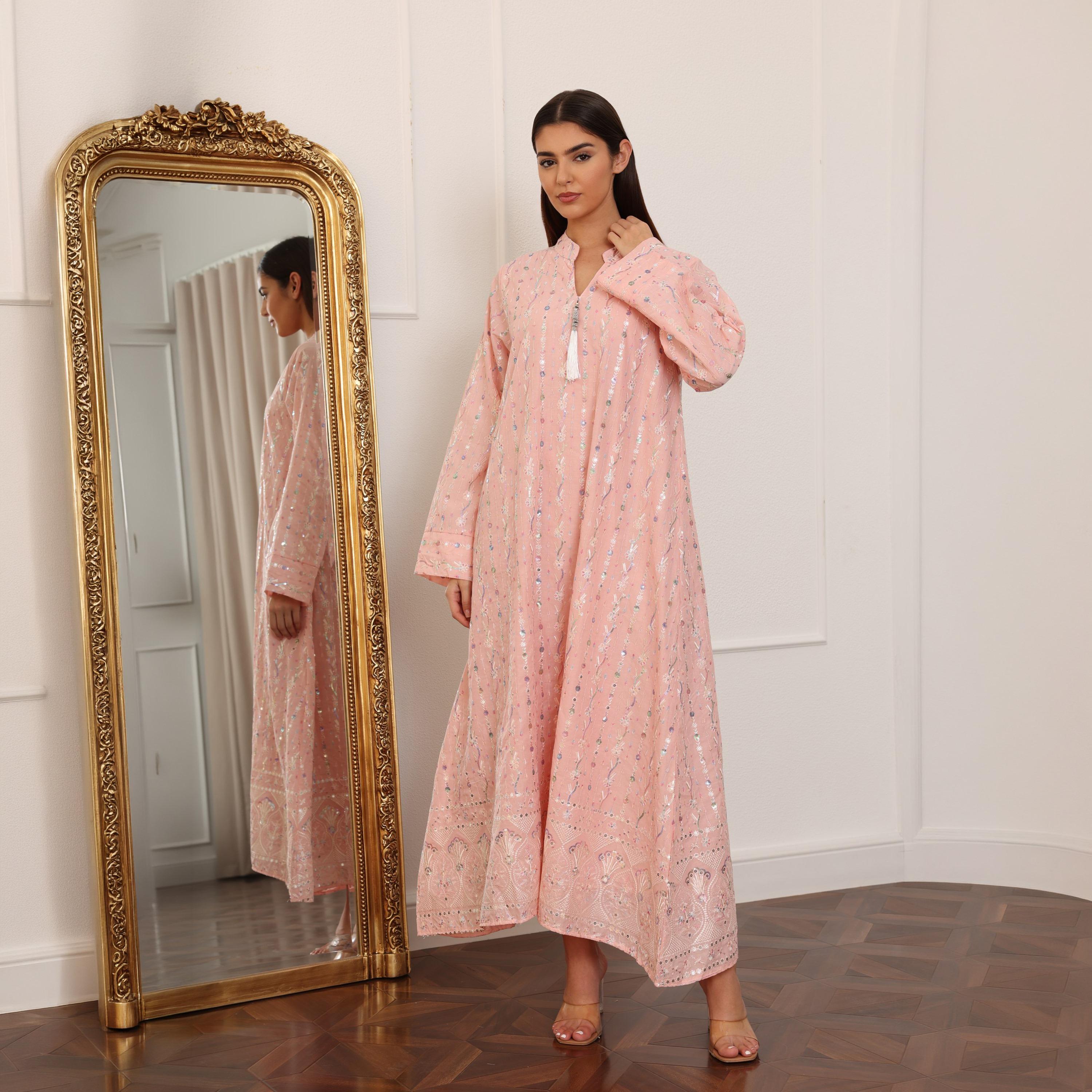 IKKXA Mandarin Collar All Over Embroidered and Sequined Women's Evening Jalabiya-women-arabicclothing-jalabiyas-image-19