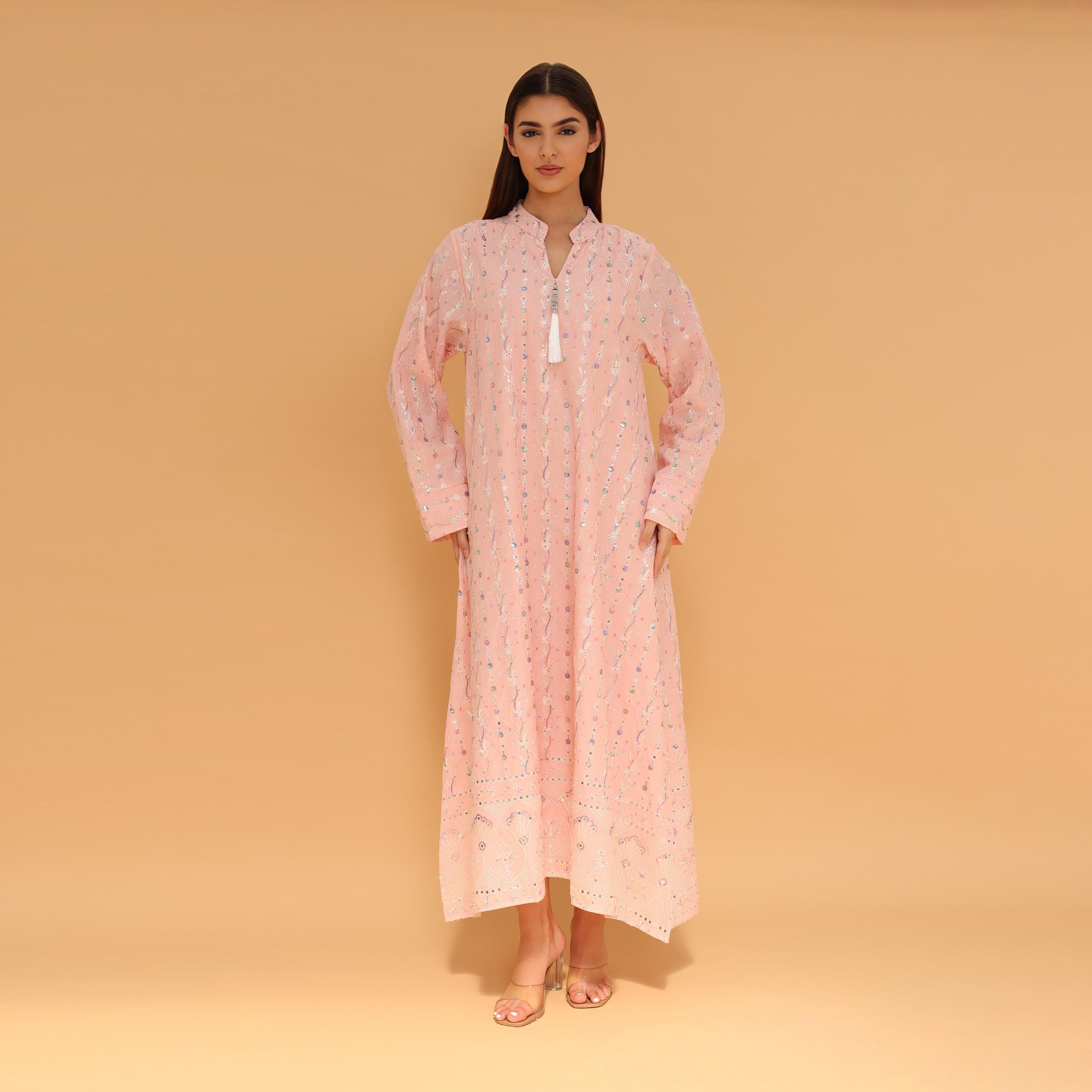 IKKXA Mandarin Collar All Over Embroidered and Sequined Women's Evening Jalabiya-women-arabicclothing-jalabiyas-image-22