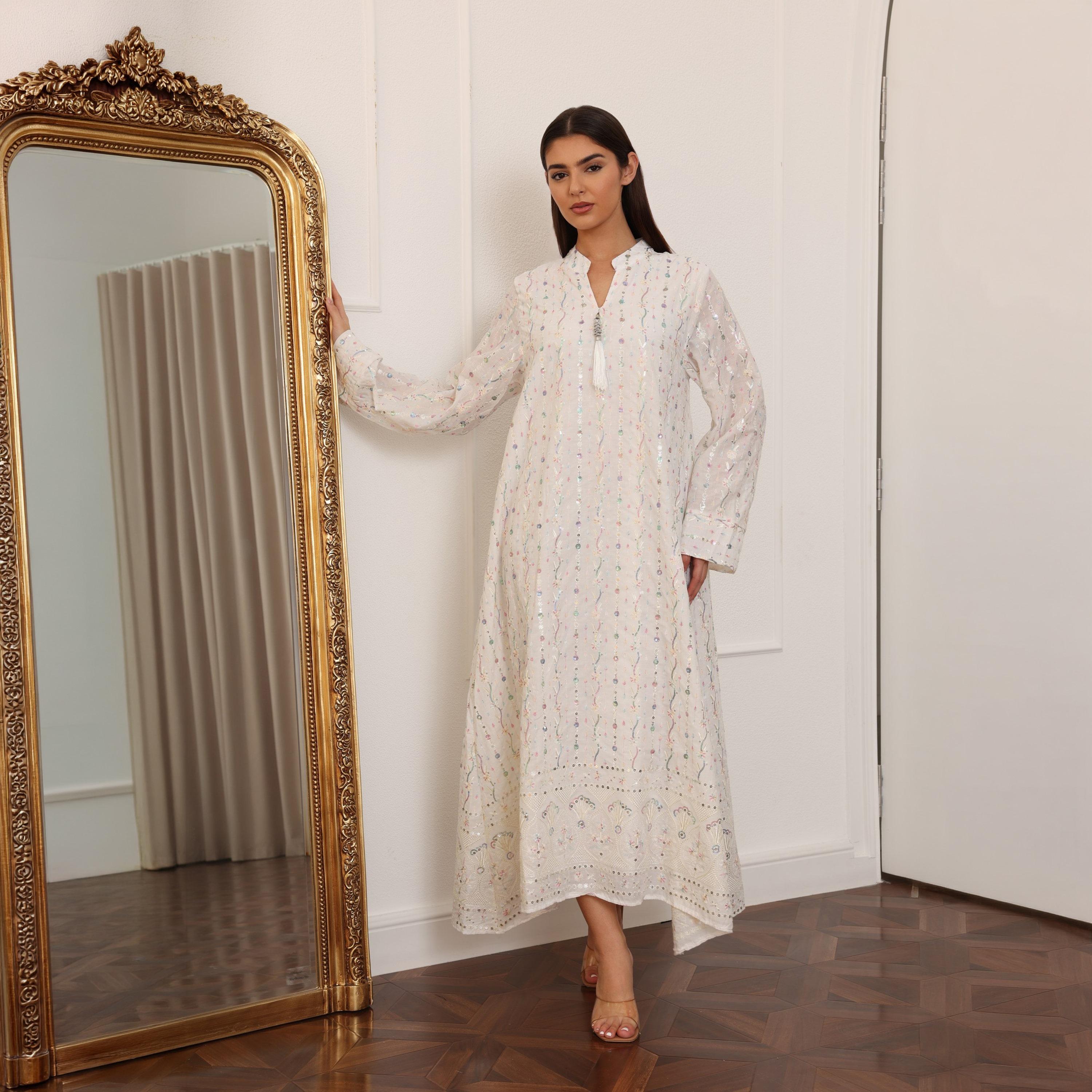 IKKXA Mandarin Collar All Over Embroidered and Sequined Women's Evening Jalabiya-women-arabicclothing-jalabiyas-image-10