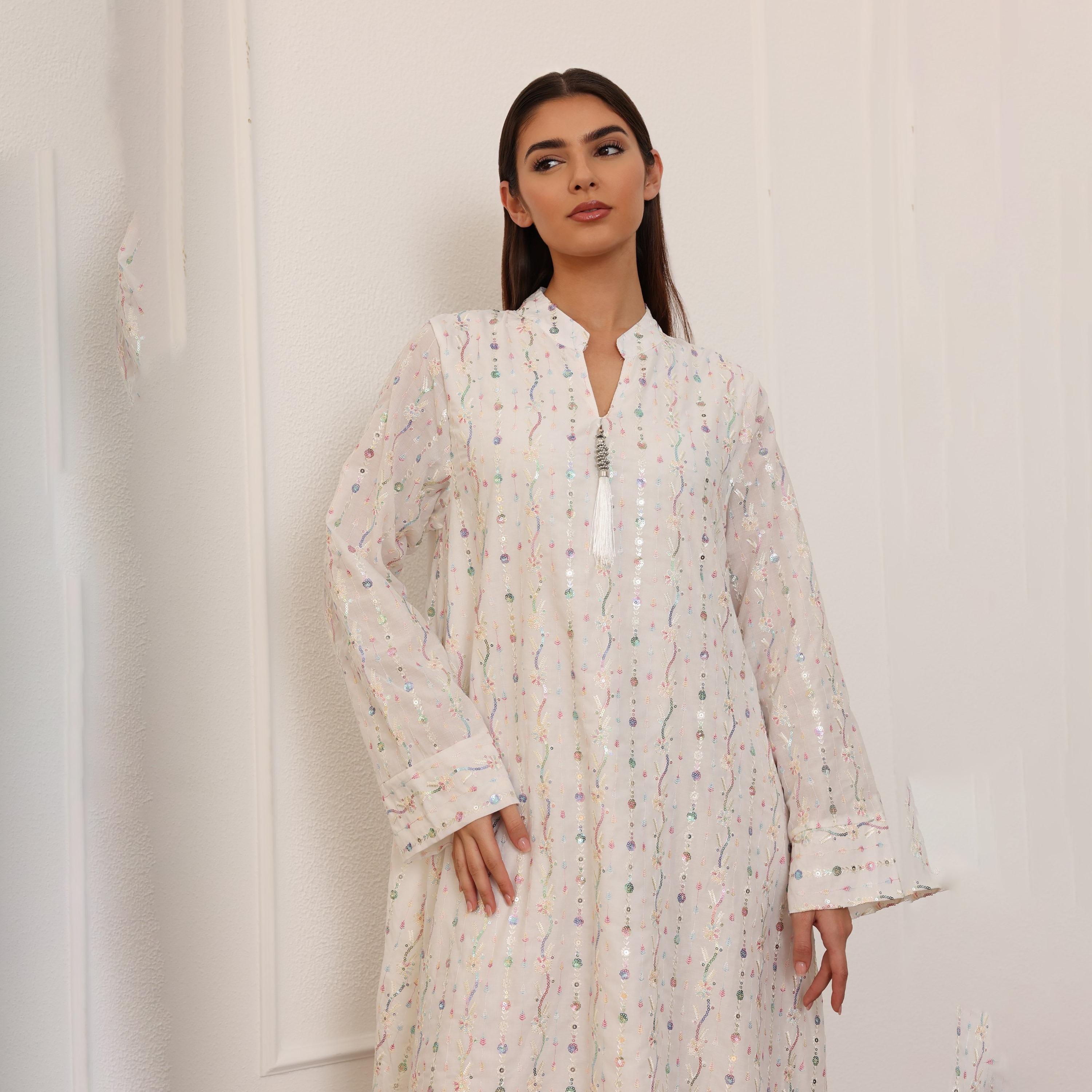 IKKXA Mandarin Collar All Over Embroidered and Sequined Women's Evening Jalabiya-women-arabicclothing-jalabiyas-image-11