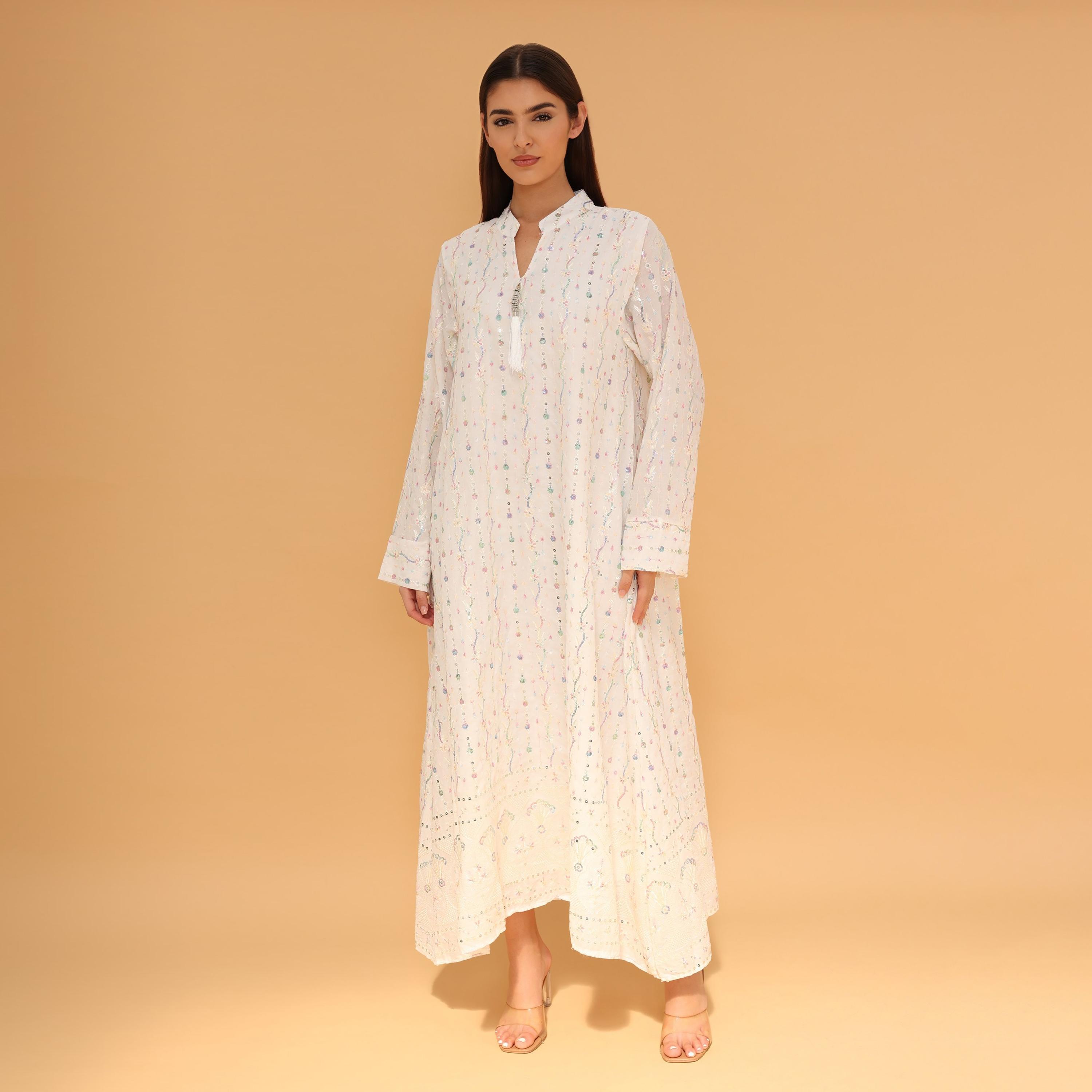 IKKXA Mandarin Collar All Over Embroidered and Sequined Women's Evening Jalabiya-women-arabicclothing-jalabiyas-image-12