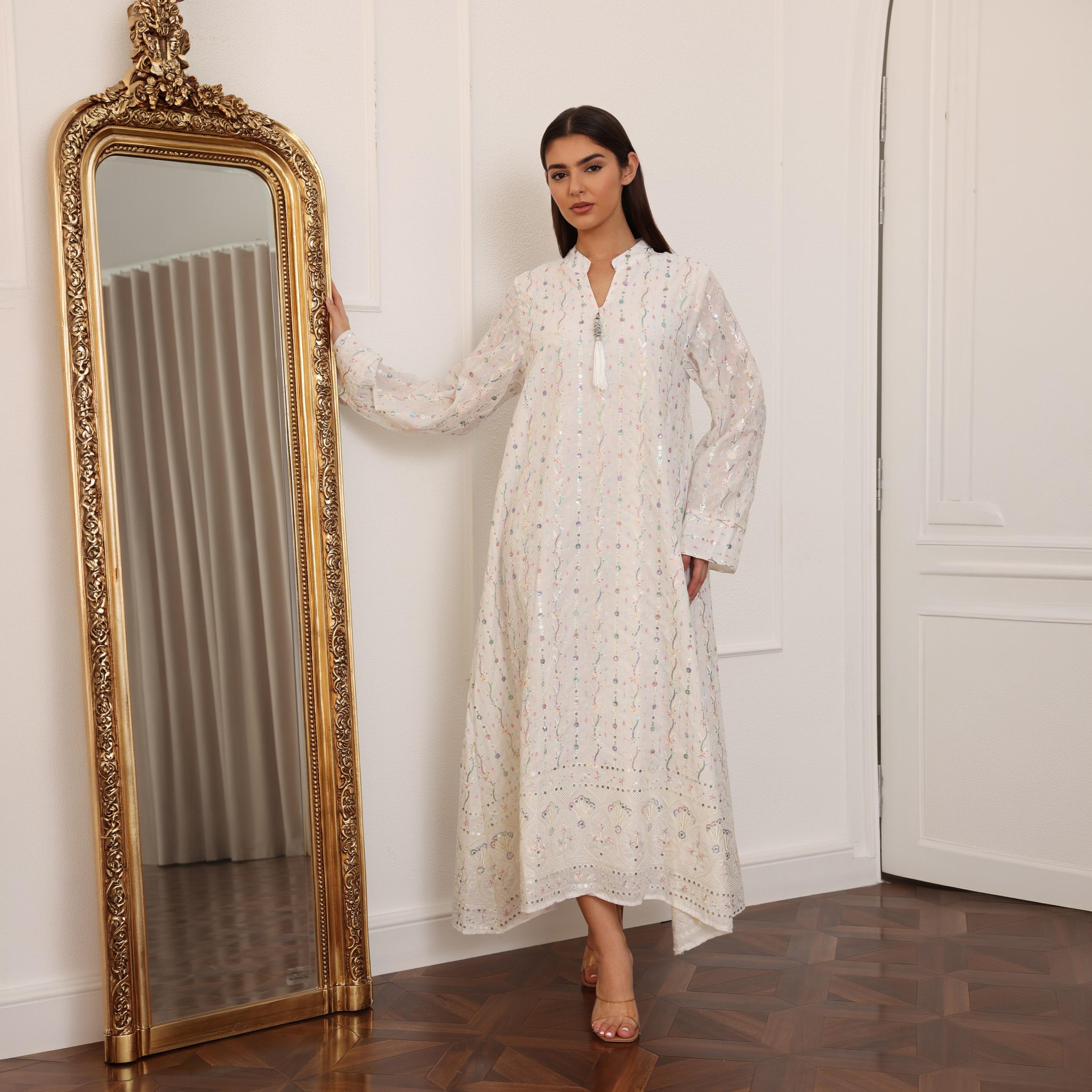 IKKXA Mandarin Collar All Over Embroidered and Sequined Women's Evening Jalabiya-women-arabicclothing-jalabiyas-image-24