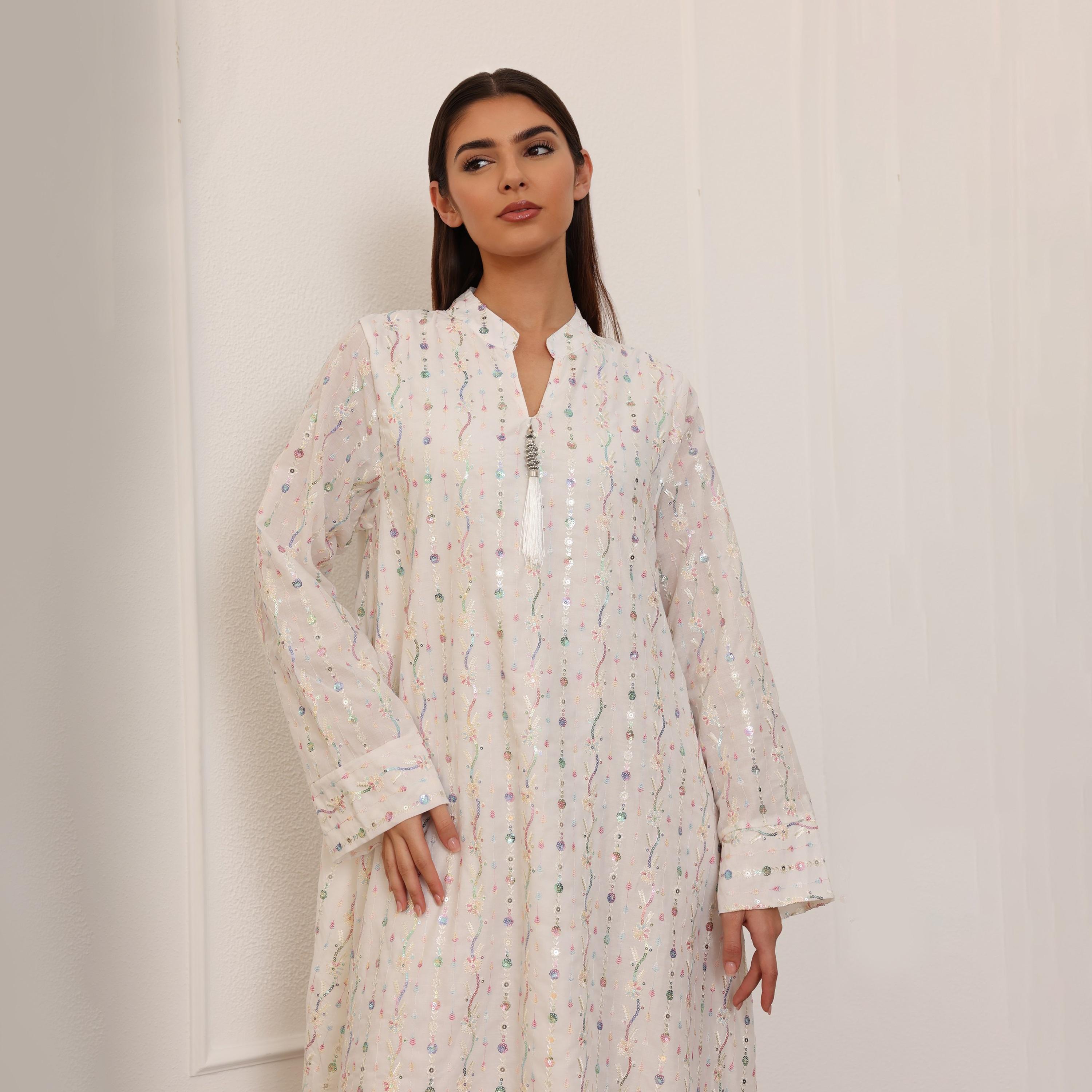 IKKXA Mandarin Collar All Over Embroidered and Sequined Women's Evening Jalabiya-women-arabicclothing-jalabiyas-image-25