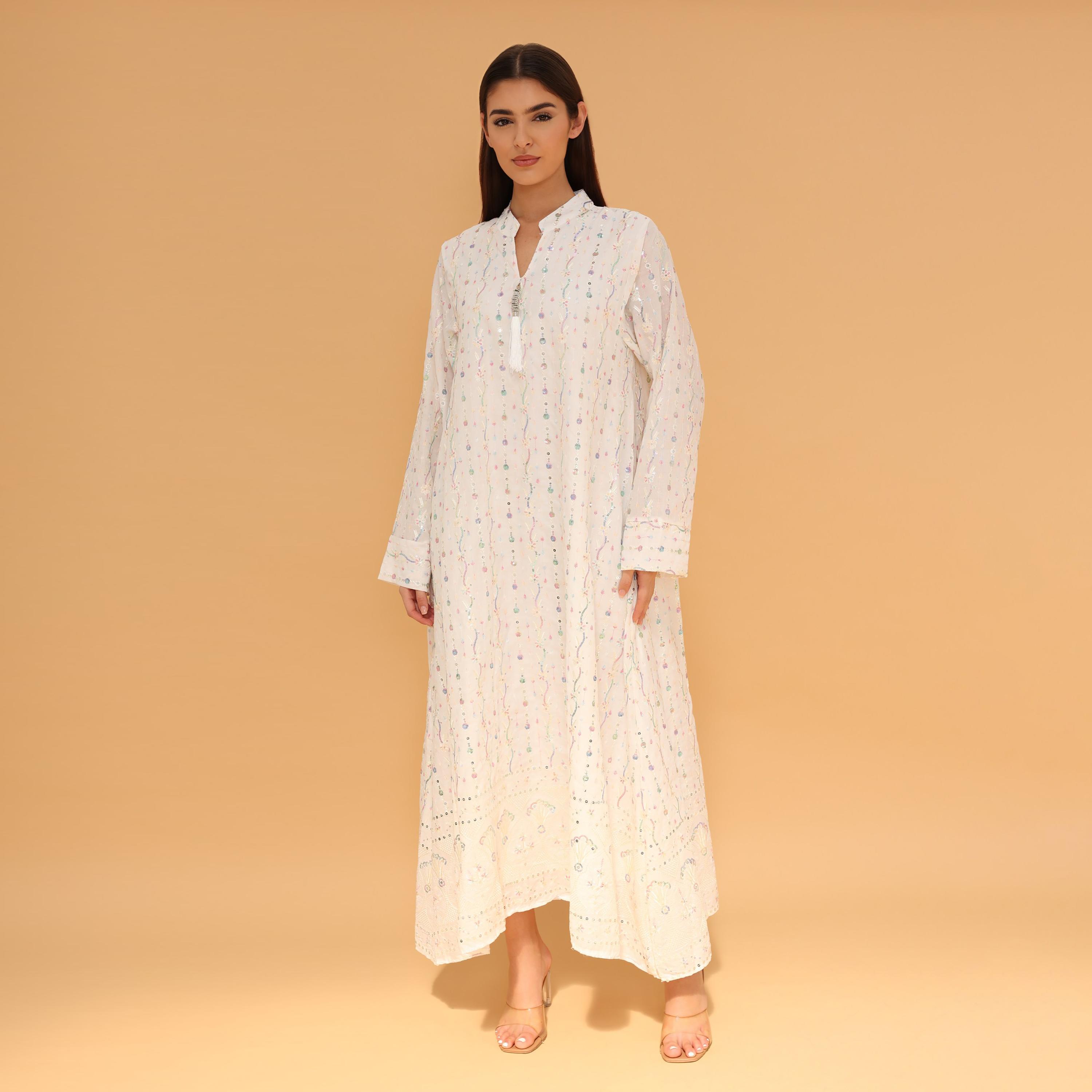 IKKXA Mandarin Collar All Over Embroidered and Sequined Women's Evening Jalabiya-women-arabicclothing-jalabiyas-image-27