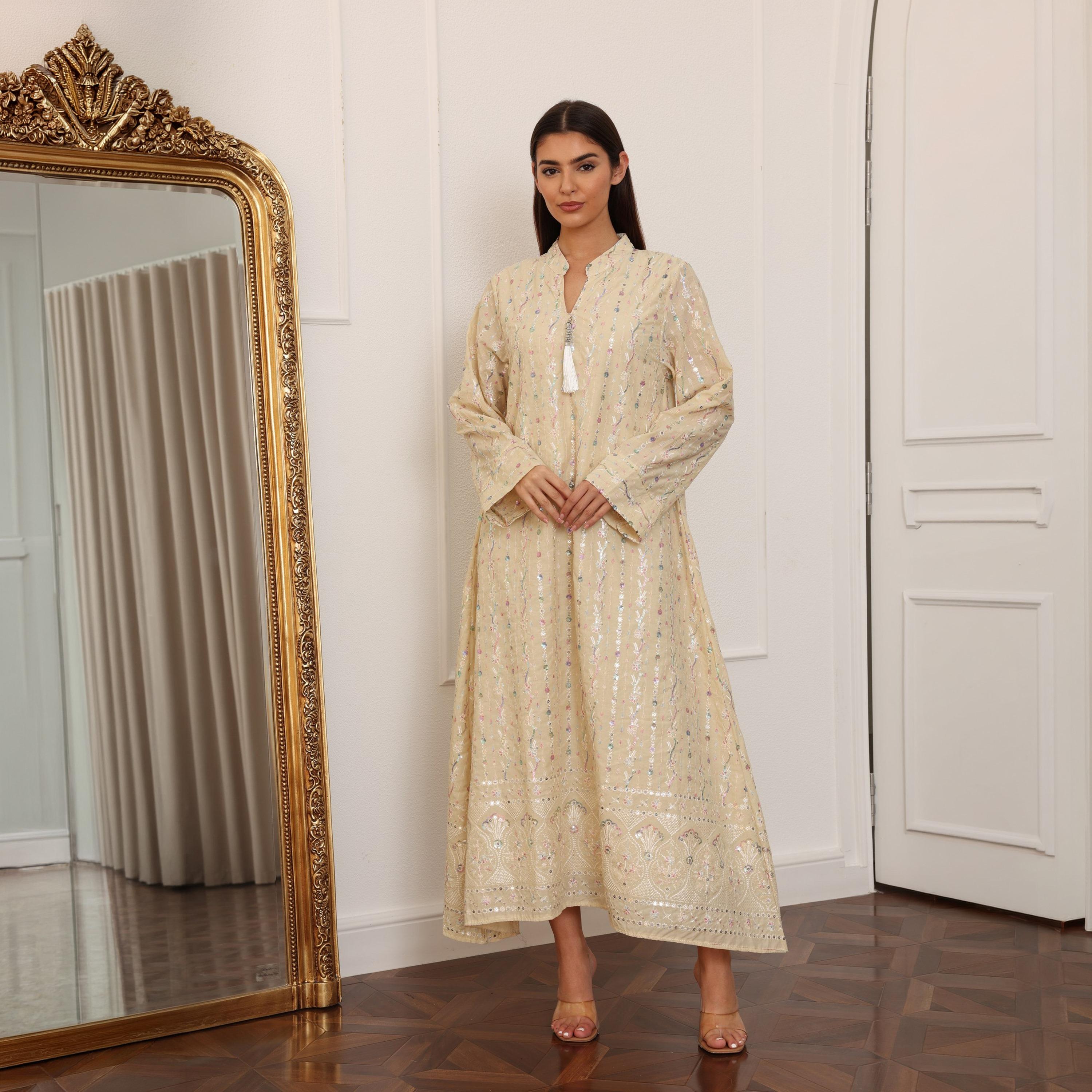 IKKXA Mandarin Collar All Over Embroidered and Sequined Women's Evening Jalabiya-women-arabicclothing-jalabiyas-image-1