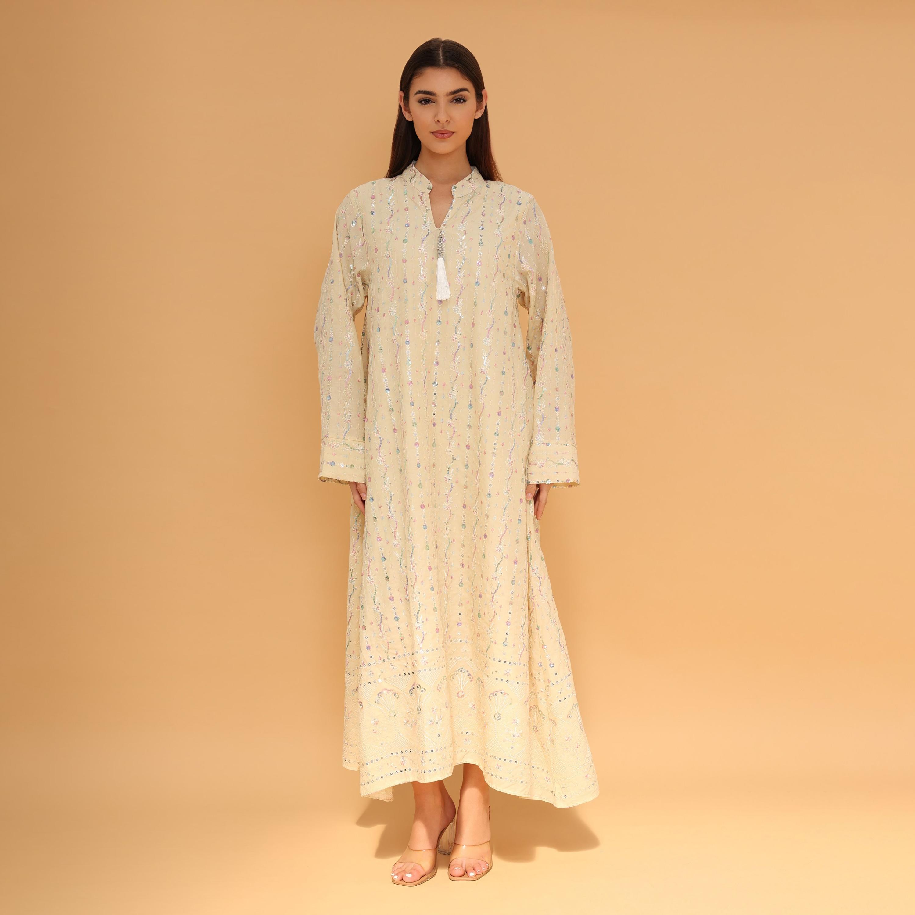 IKKXA Mandarin Collar All Over Embroidered and Sequined Women's Evening Jalabiya-women-arabicclothing-jalabiyas-image-8