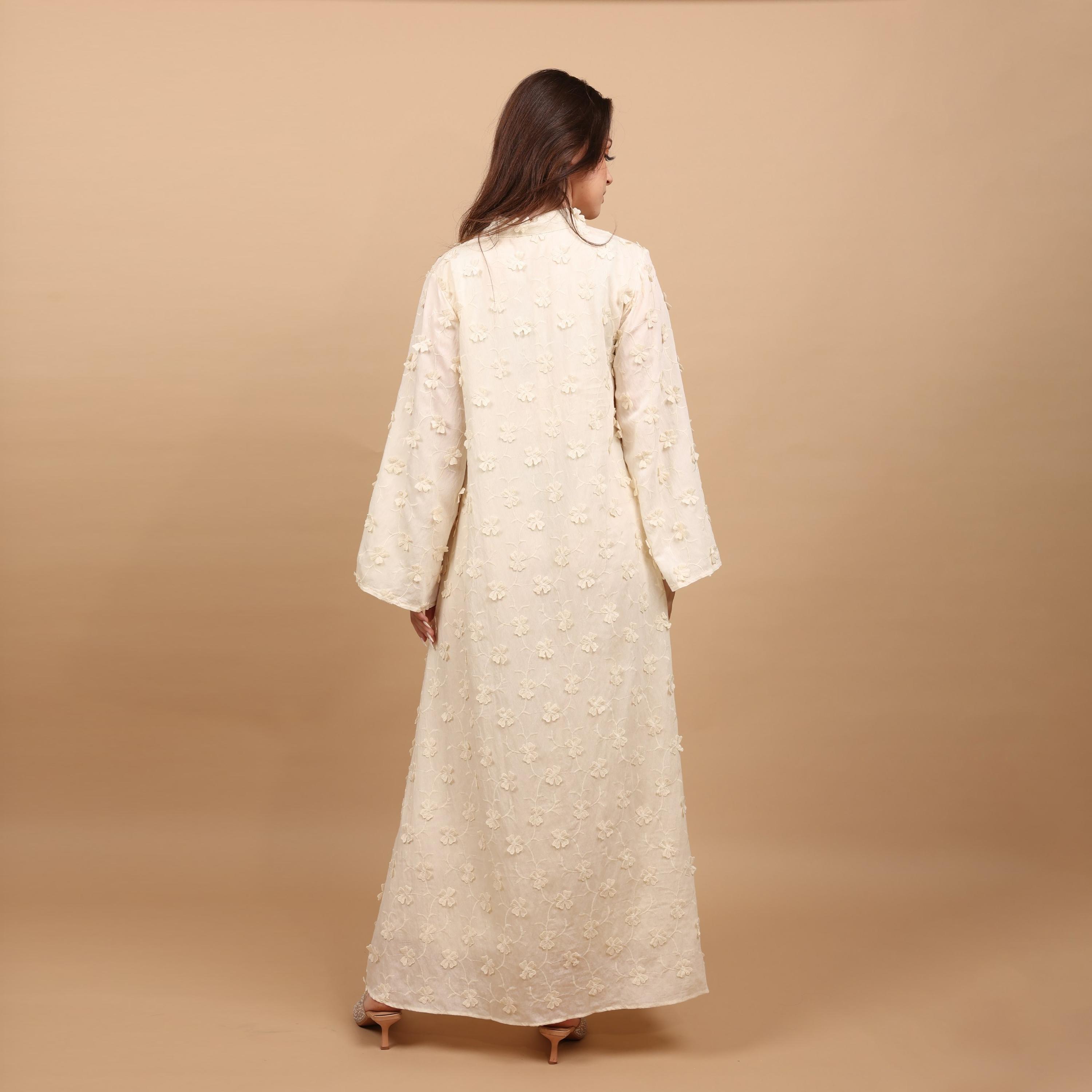 IKKXA Mandarin Collar Wide Sleeves All Over Floral Applique Women's Jalabiya, Tassel Detail-women-arabicclothing-jalabiyas-image-4