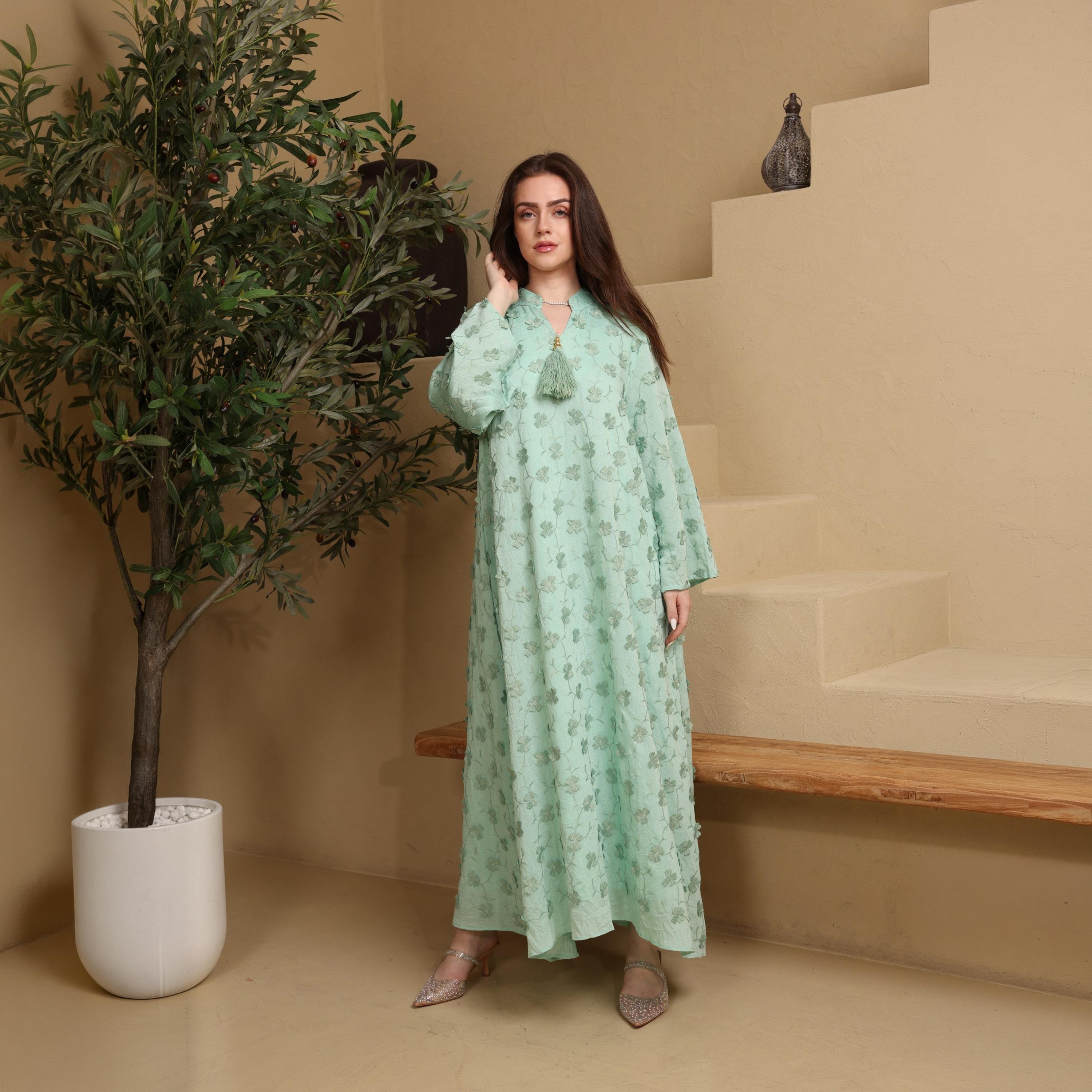 IKKXA Mandarin Collar Wide Sleeves All Over Floral Applique Women's Jalabiya, Tassel Detail-women-arabicclothing-jalabiyas-image-14