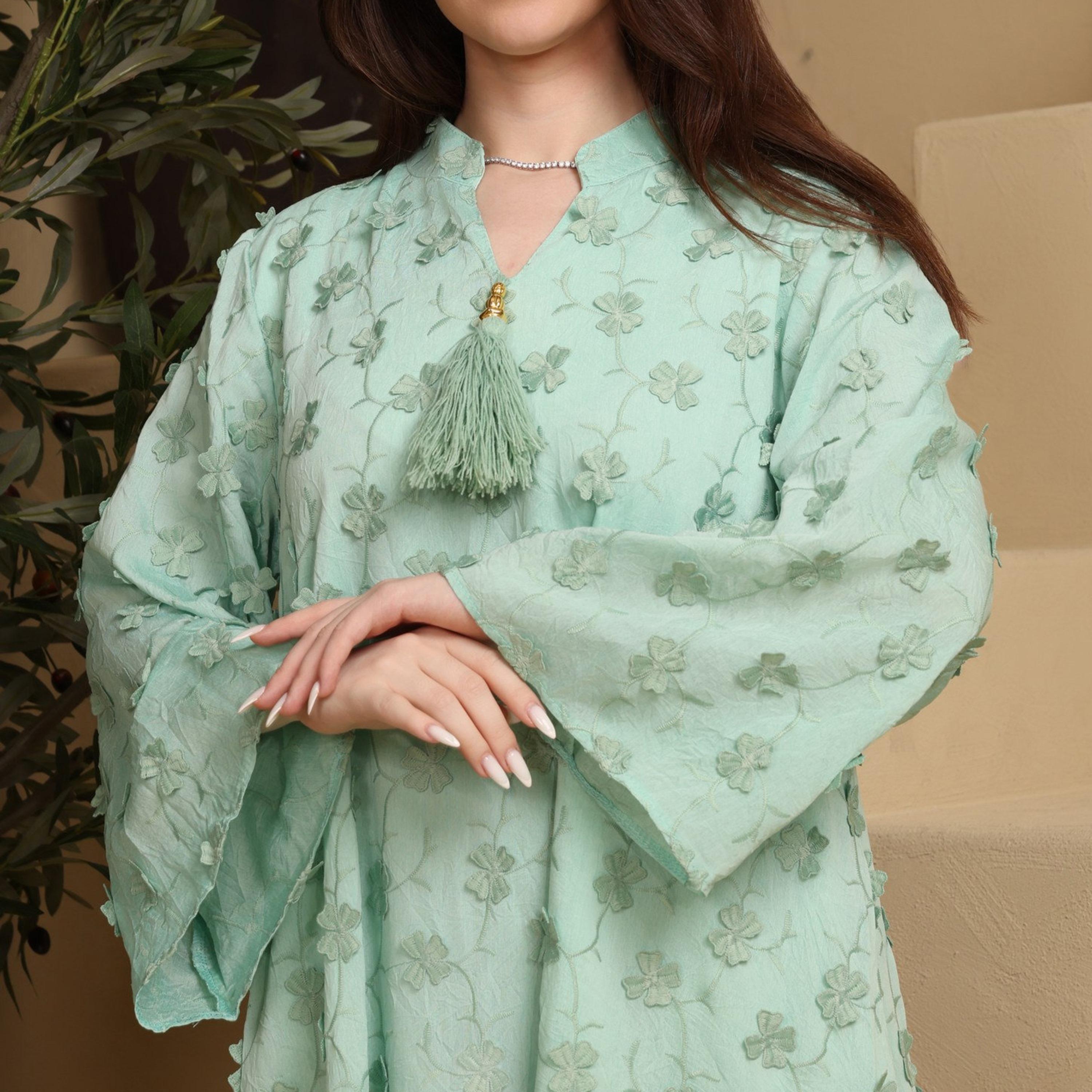 IKKXA Mandarin Collar Wide Sleeves All Over Floral Applique Women's Jalabiya, Tassel Detail-women-arabicclothing-jalabiyas-image-15
