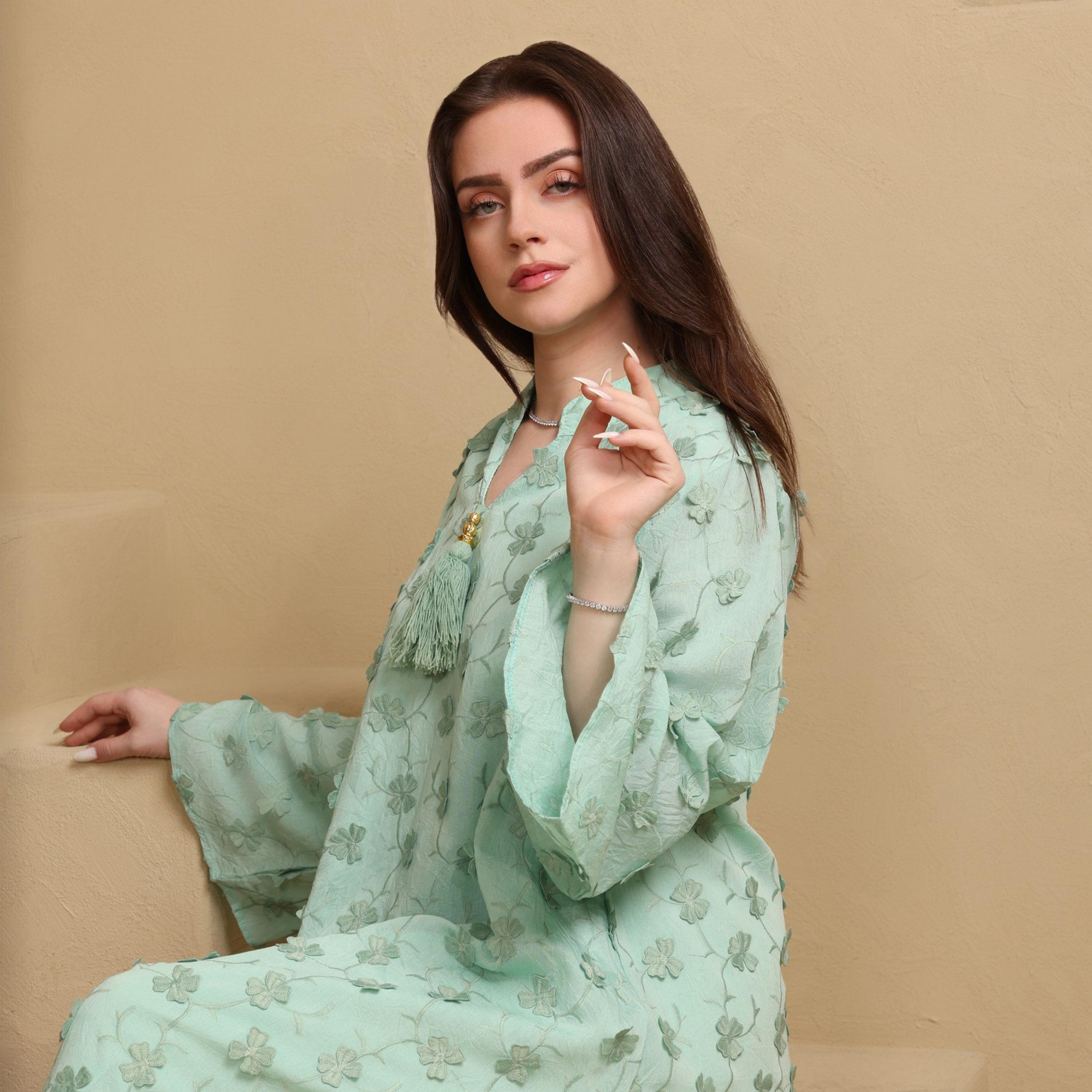 IKKXA Mandarin Collar Wide Sleeves All Over Floral Applique Women's Jalabiya, Tassel Detail-women-arabicclothing-jalabiyas-image-16