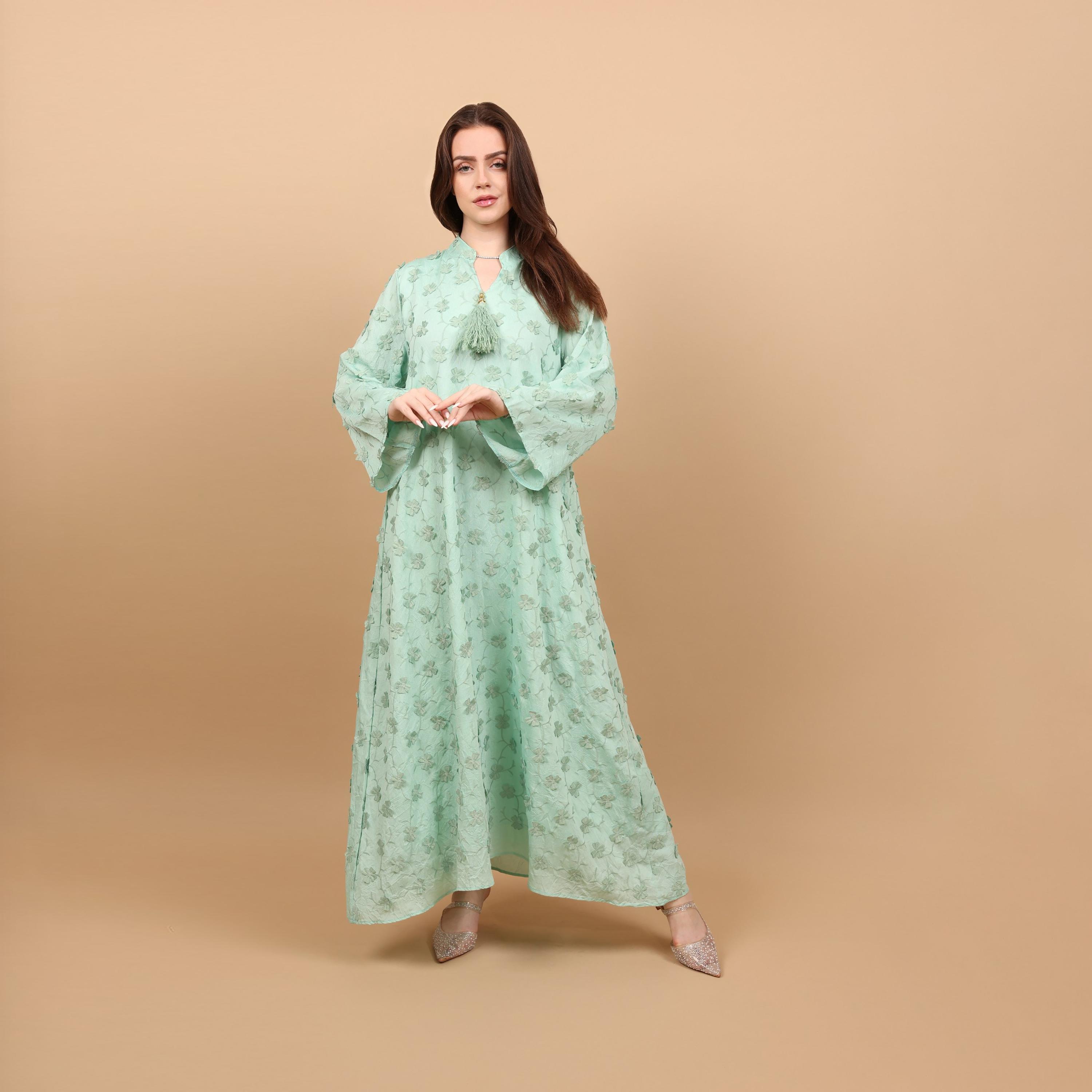 IKKXA Mandarin Collar Wide Sleeves All Over Floral Applique Women's Jalabiya, Tassel Detail-women-arabicclothing-jalabiyas-image-17
