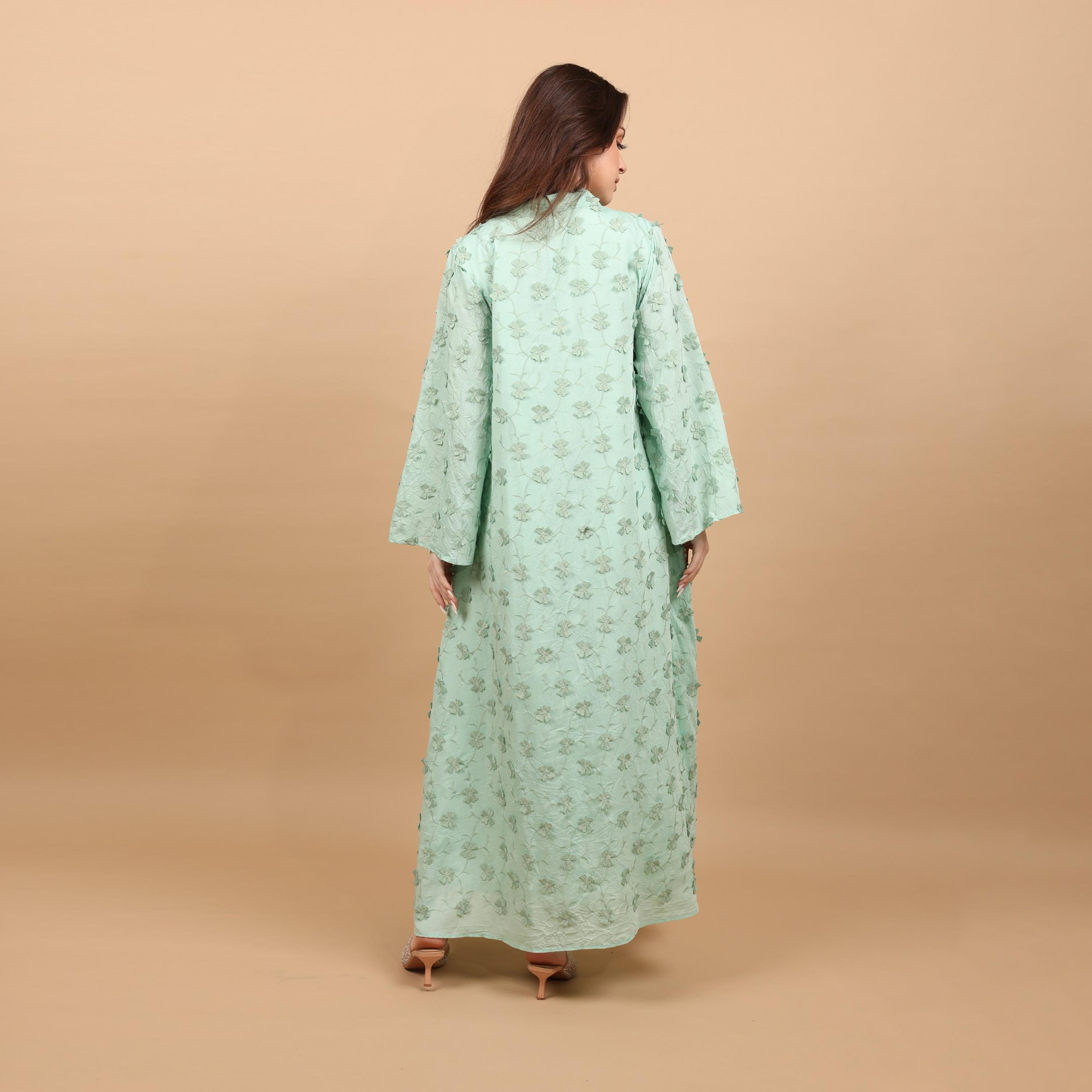 IKKXA Mandarin Collar Wide Sleeves All Over Floral Applique Women's Jalabiya, Tassel Detail-women-arabicclothing-jalabiyas-image-18