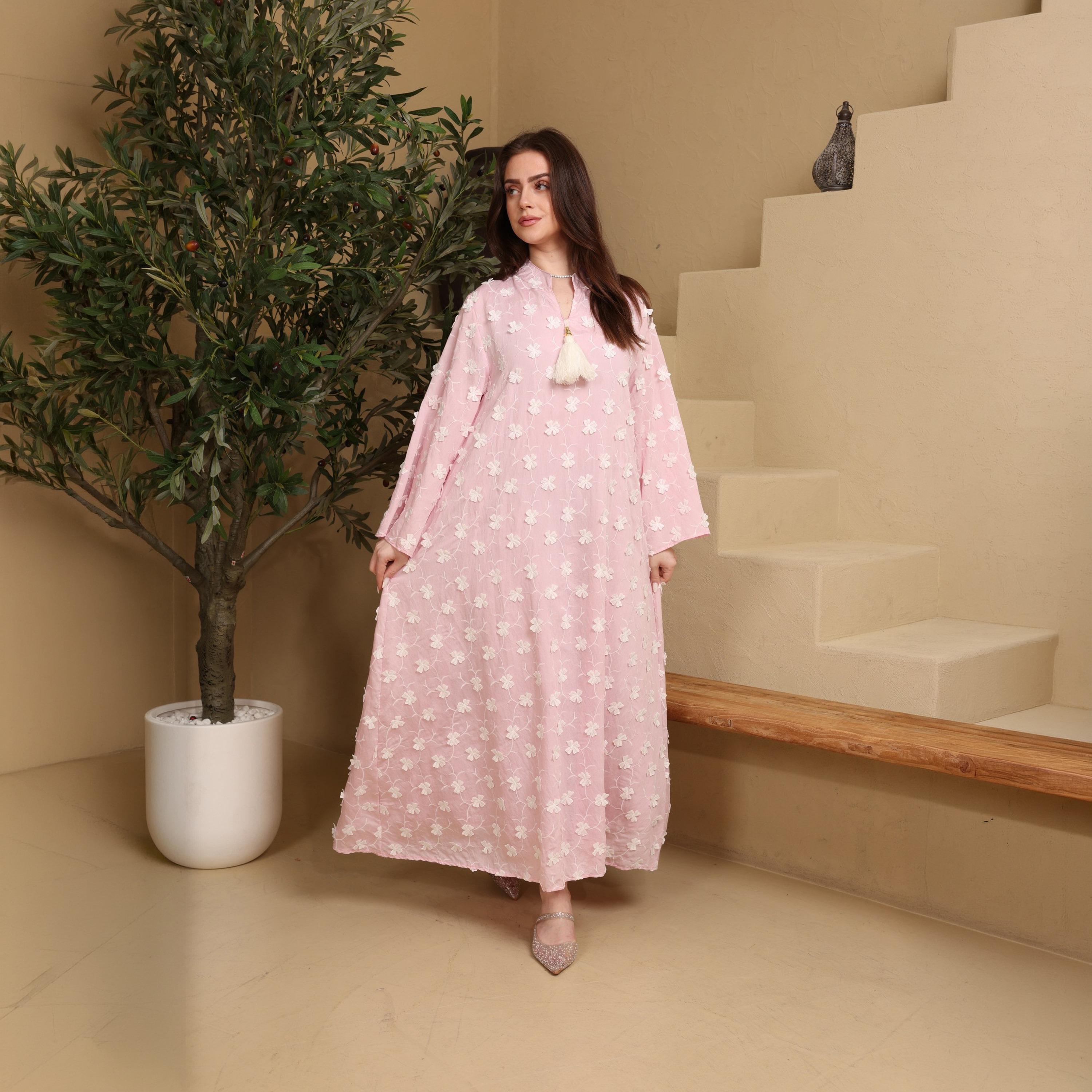 IKKXA Mandarin Collar Wide Sleeves All Over Floral Applique Women's Jalabiya, Tassel Detail-women-arabicclothing-jalabiyas-image-10