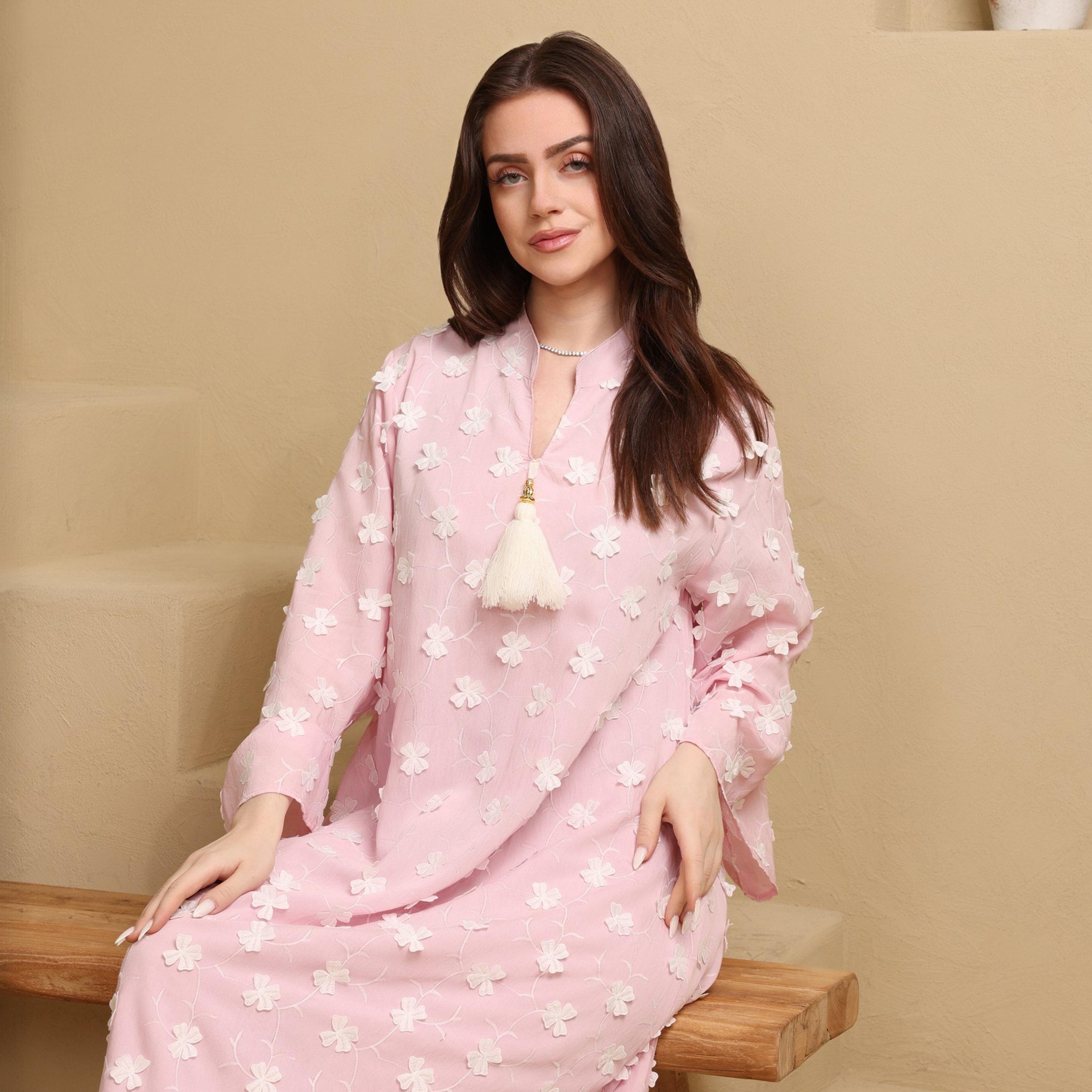 IKKXA Mandarin Collar Wide Sleeves All Over Floral Applique Women's Jalabiya, Tassel Detail-women-arabicclothing-jalabiyas-image-11