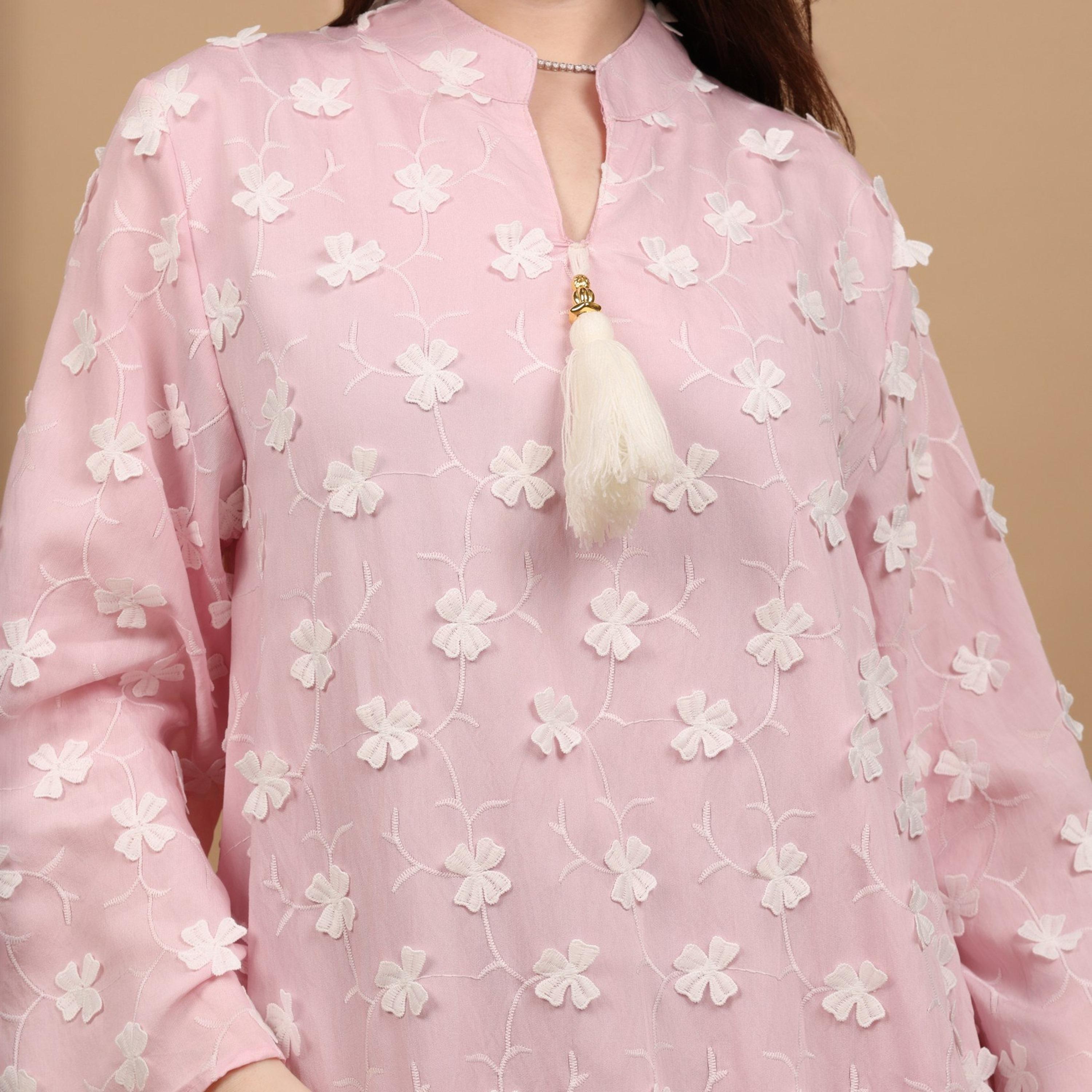 IKKXA Mandarin Collar Wide Sleeves All Over Floral Applique Women's Jalabiya, Tassel Detail-women-arabicclothing-jalabiyas-image-12