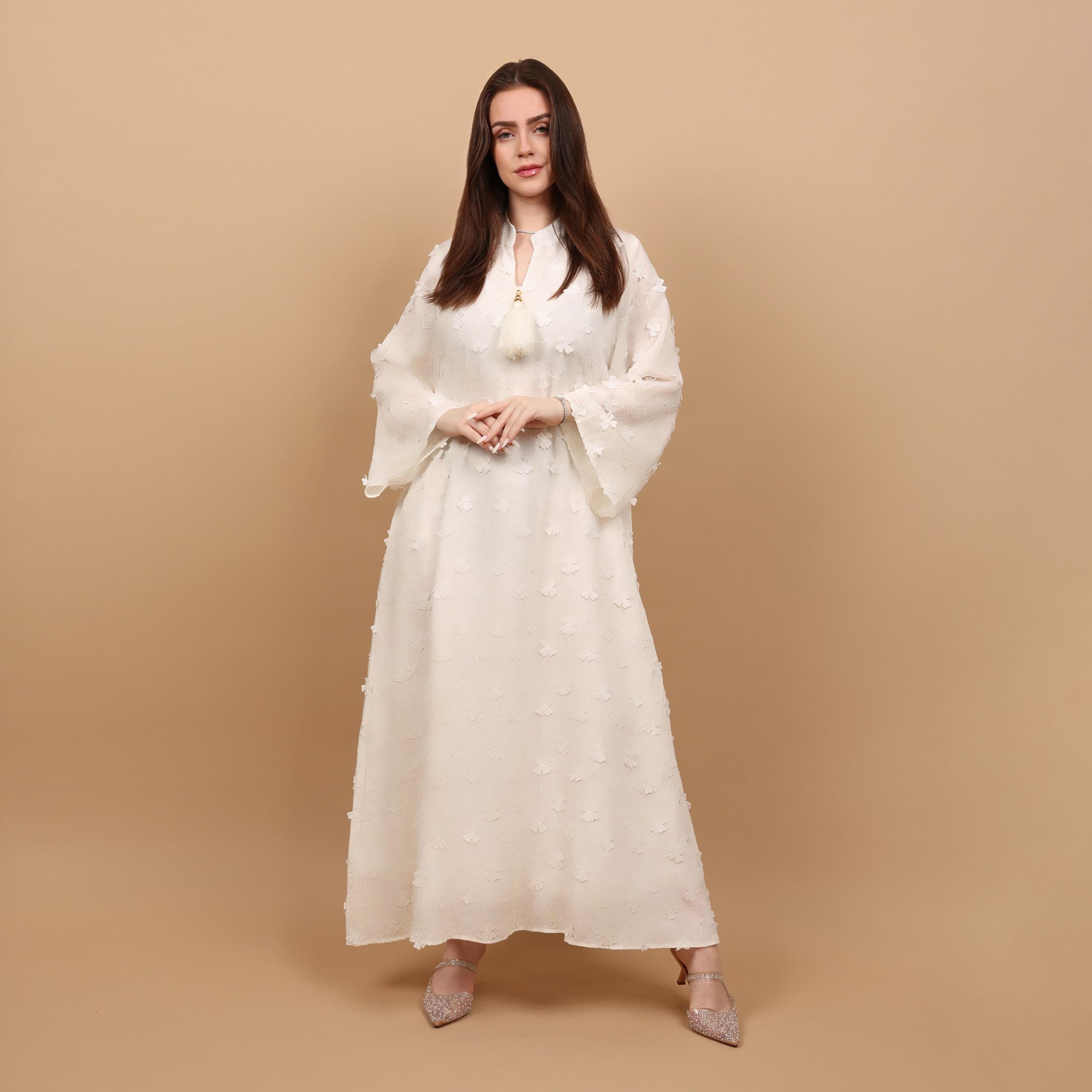 IKKXA Mandarin Collar Wide Sleeves All Over Floral Applique Women's Jalabiya, Tassel Detail-women-arabicclothing-jalabiyas-image-19