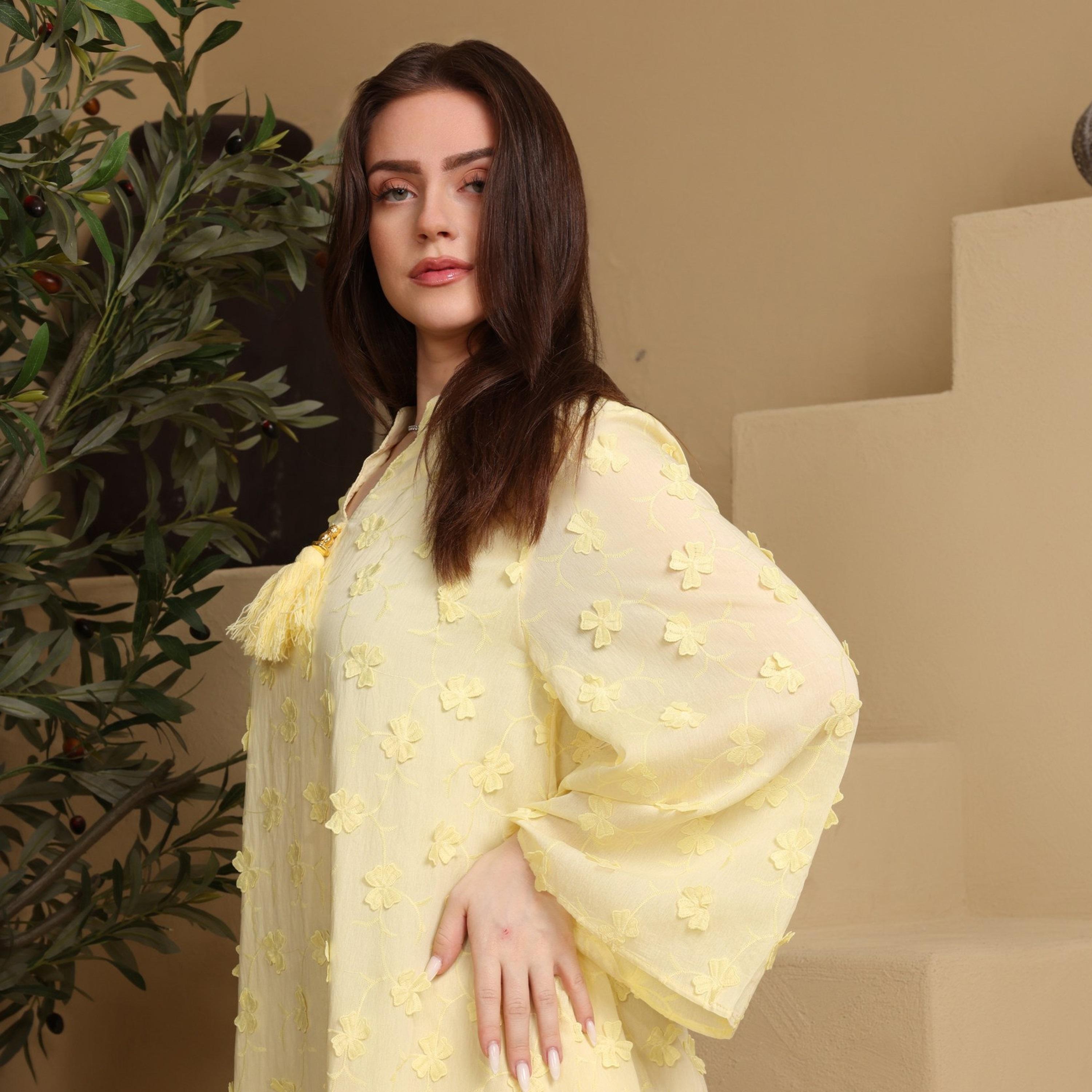 IKKXA Mandarin Collar Wide Sleeves All Over Floral Applique Women's Jalabiya, Tassel Detail-women-arabicclothing-jalabiyas-image-6