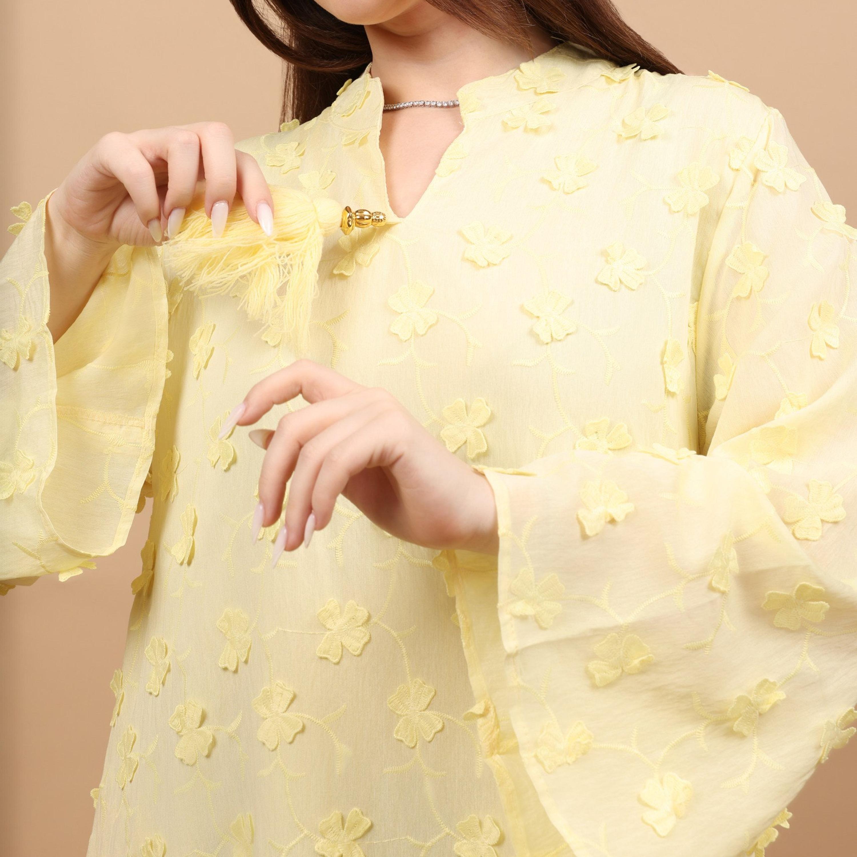IKKXA Mandarin Collar Wide Sleeves All Over Floral Applique Women's Jalabiya, Tassel Detail-women-arabicclothing-jalabiyas-image-7