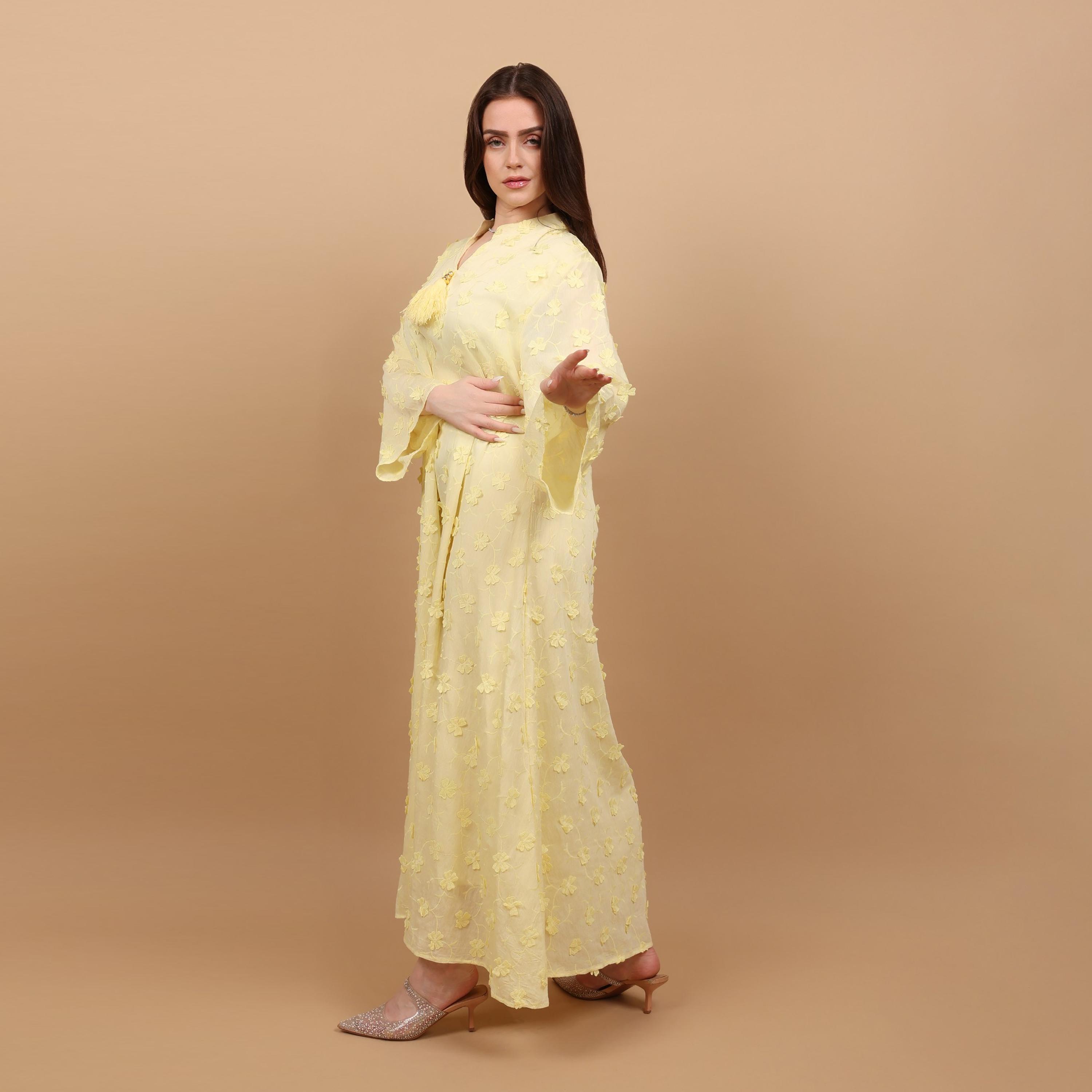IKKXA Mandarin Collar Wide Sleeves All Over Floral Applique Women's Jalabiya, Tassel Detail-women-arabicclothing-jalabiyas-image-8