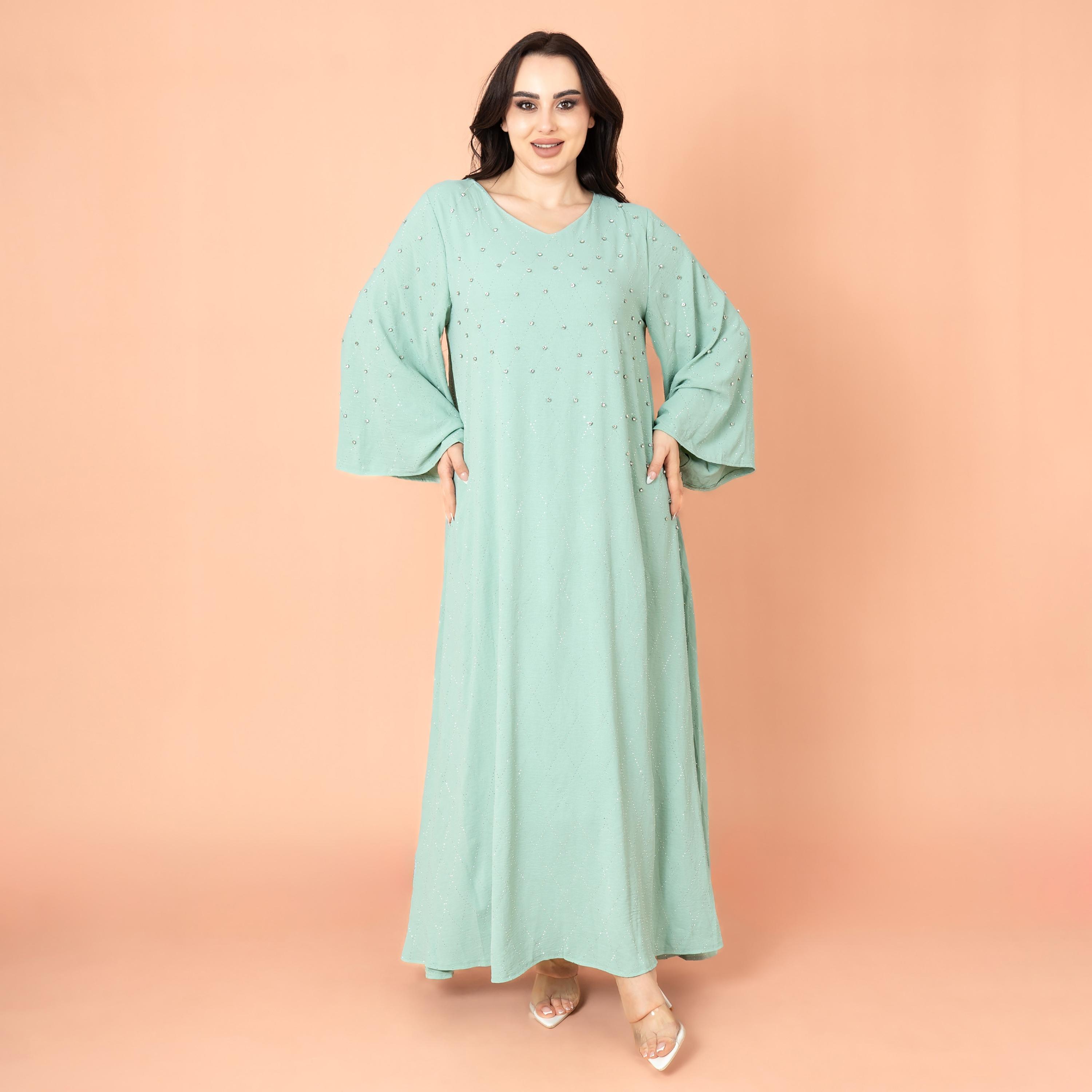 IKKXA جلابية نسائية بأكمام واسعة مرصعة بأحجار الراين ومسائية هندسية-women-arabicclothing-jalabiyas-image-1
