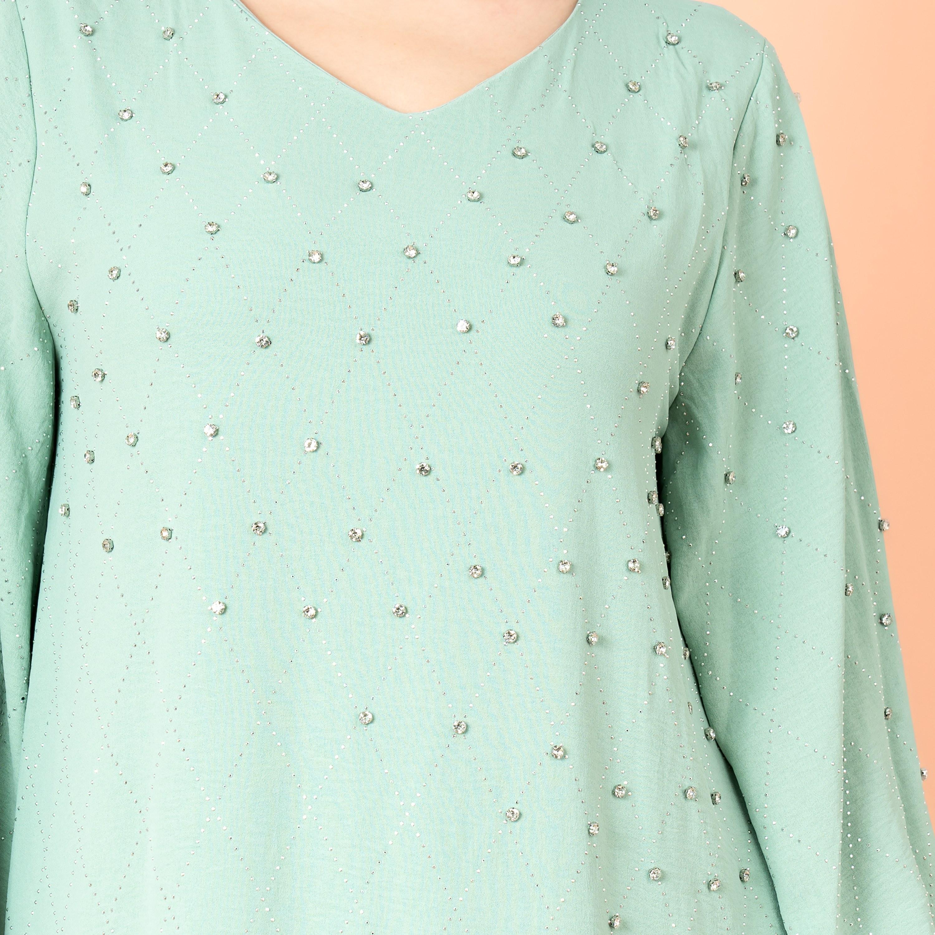 IKKXA جلابية نسائية بأكمام واسعة مرصعة بأحجار الراين ومسائية هندسية-women-arabicclothing-jalabiyas-image-2