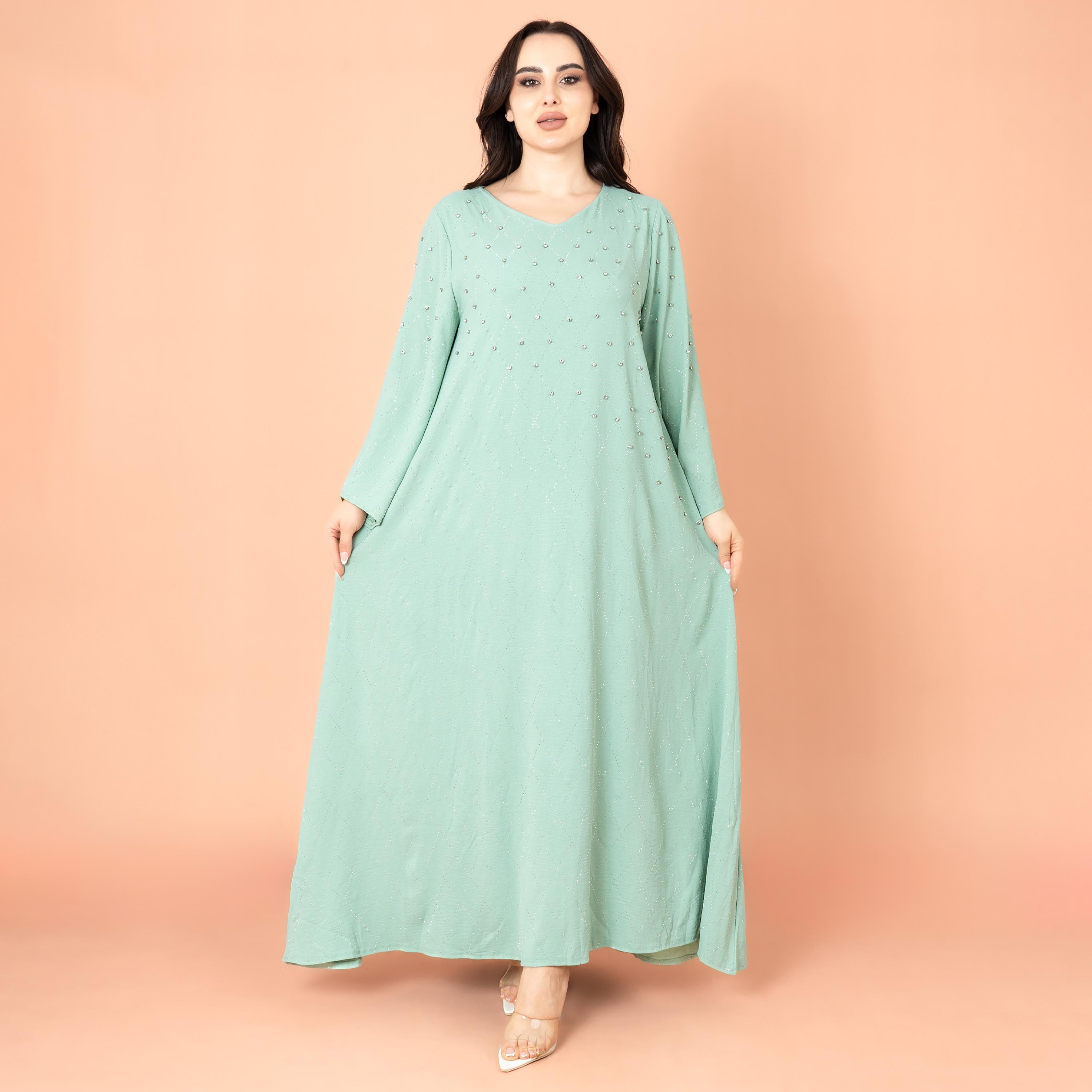 IKKXA جلابية نسائية بأكمام واسعة مرصعة بأحجار الراين ومسائية هندسية-women-arabicclothing-jalabiyas-image-5