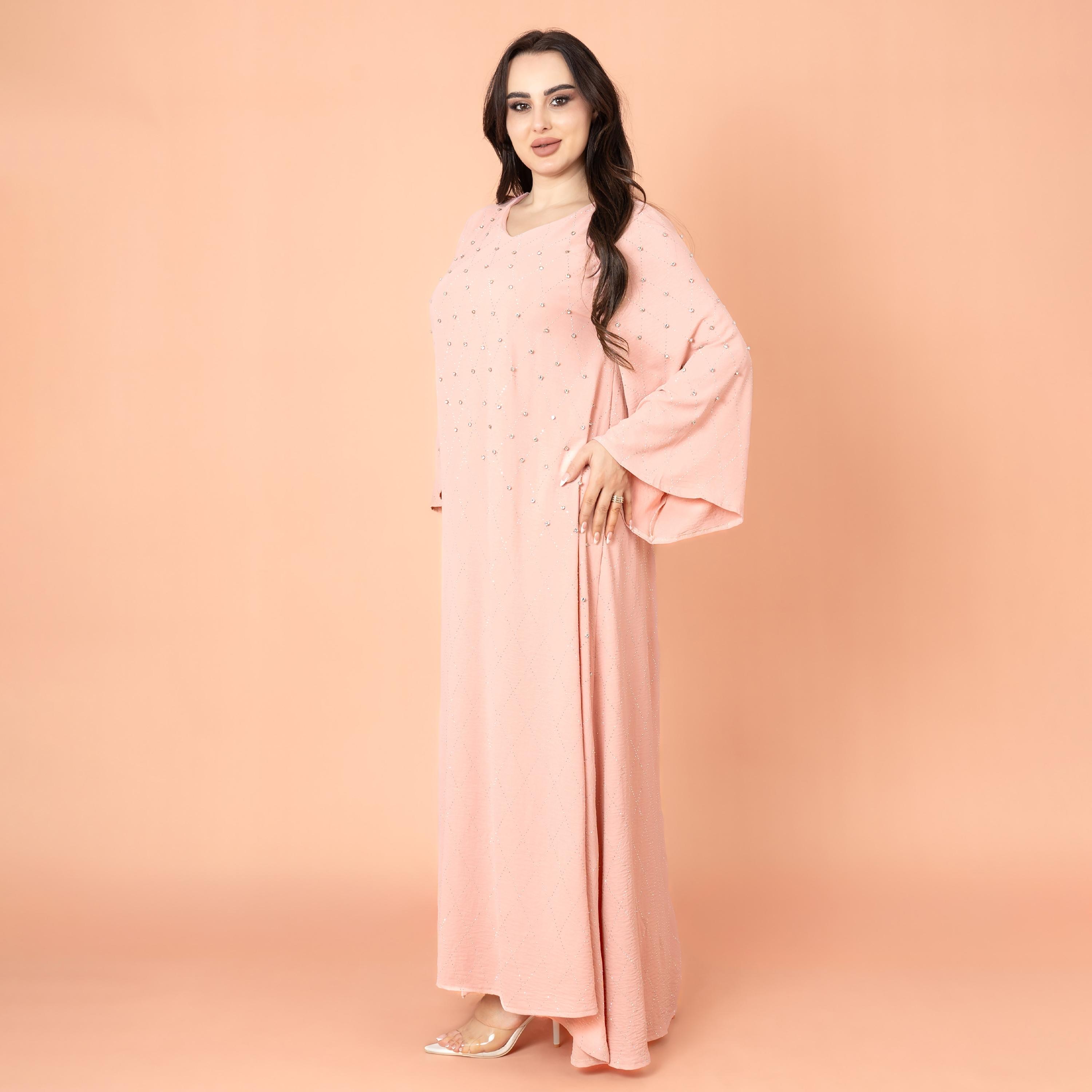 IKKXA جلابية نسائية بأكمام واسعة مرصعة بأحجار الراين ومسائية هندسية-women-arabicclothing-jalabiyas-image-9
