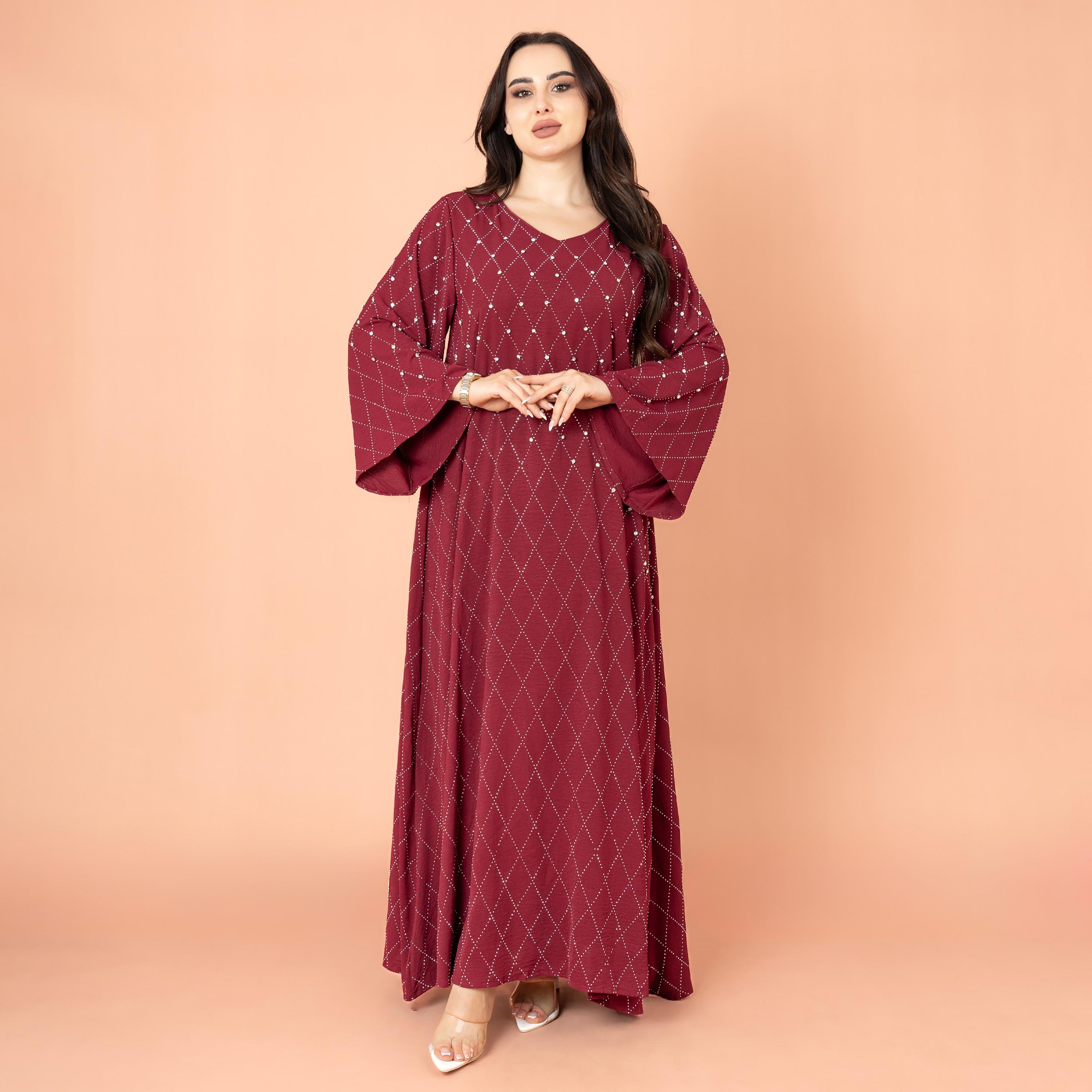 IKKXA جلابية نسائية بأكمام واسعة مرصعة بأحجار الراين ومسائية هندسية-women-arabicclothing-jalabiyas-image-12