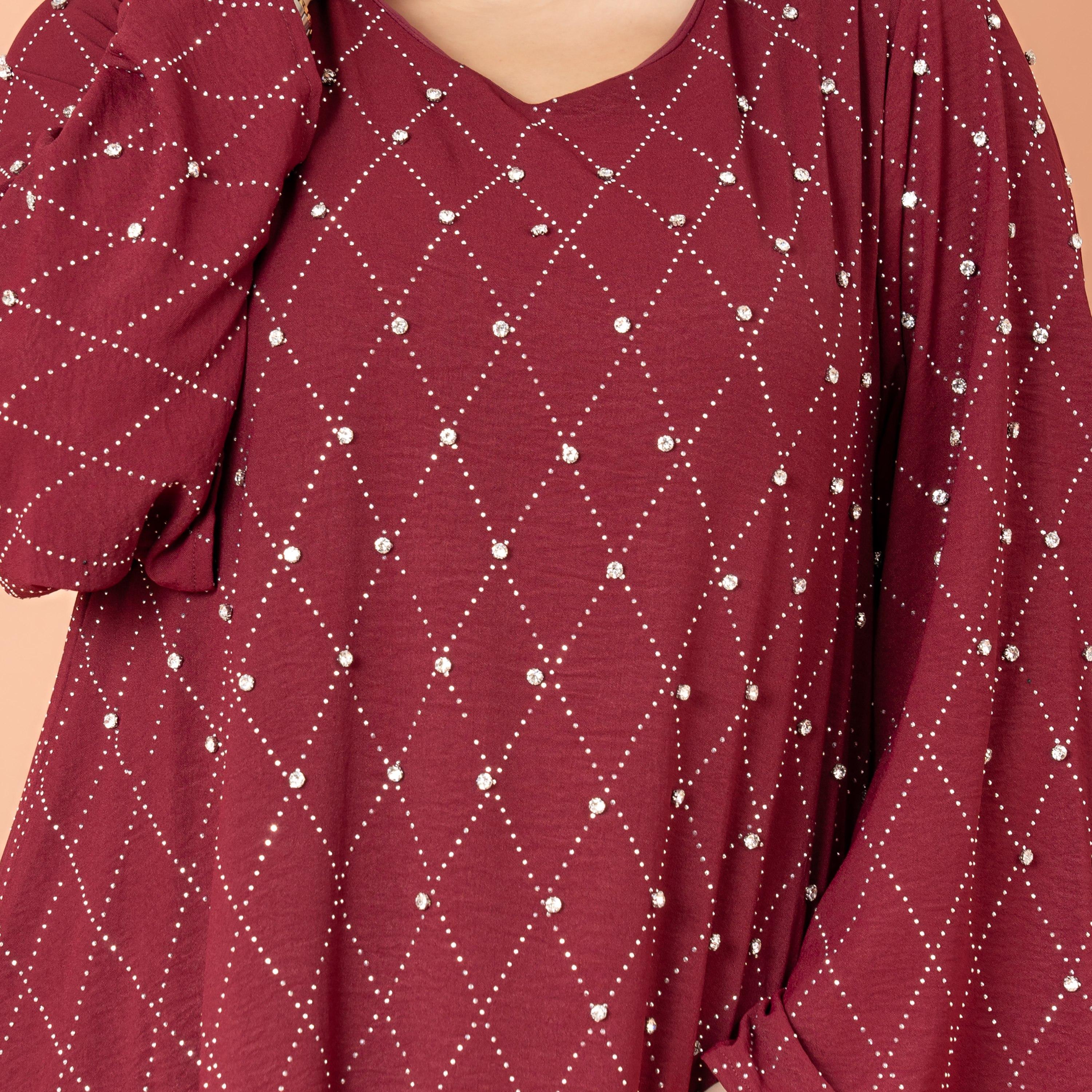 IKKXA جلابية نسائية بأكمام واسعة مرصعة بأحجار الراين ومسائية هندسية-women-arabicclothing-jalabiyas-image-13