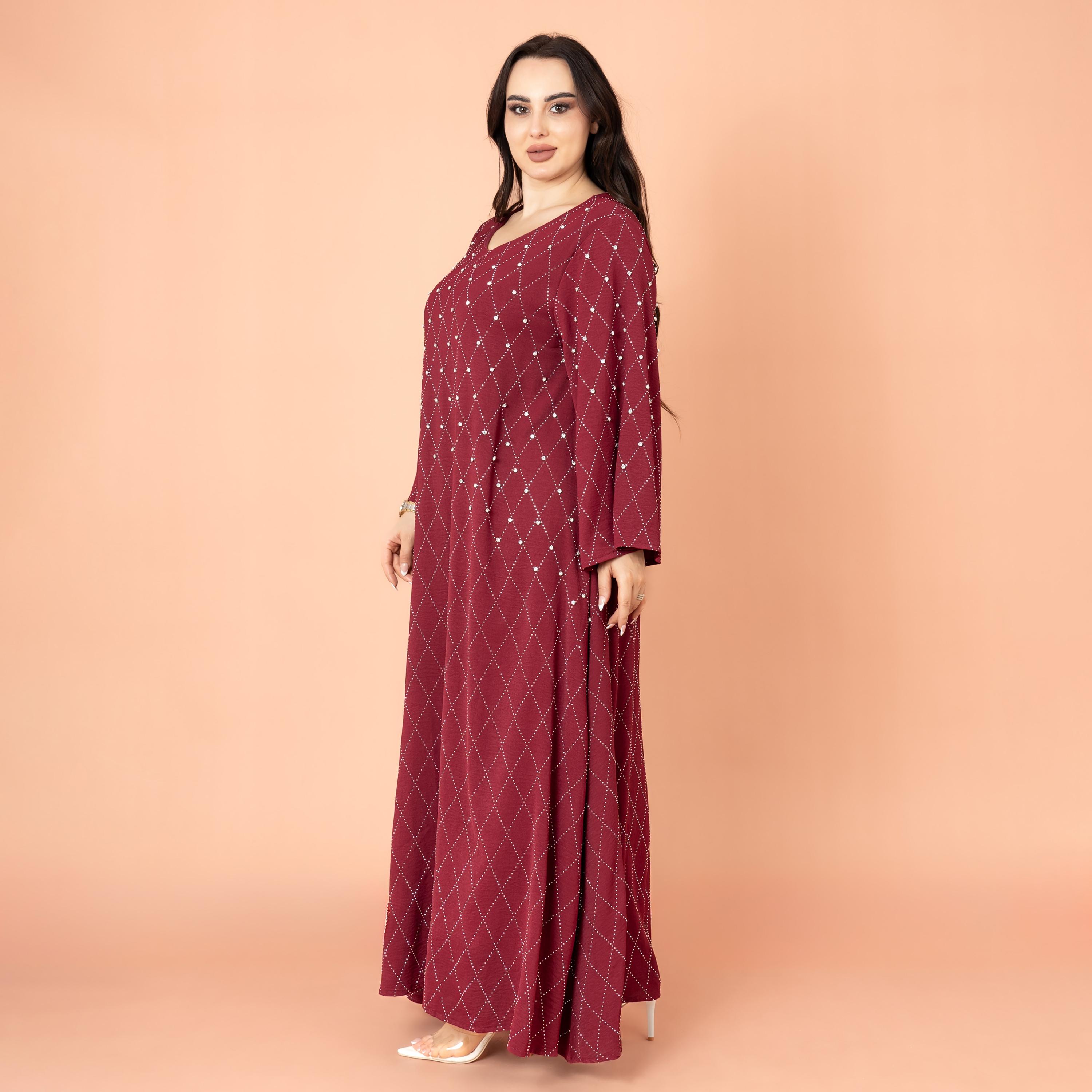 IKKXA جلابية نسائية بأكمام واسعة مرصعة بأحجار الراين ومسائية هندسية-women-arabicclothing-jalabiyas-image-14