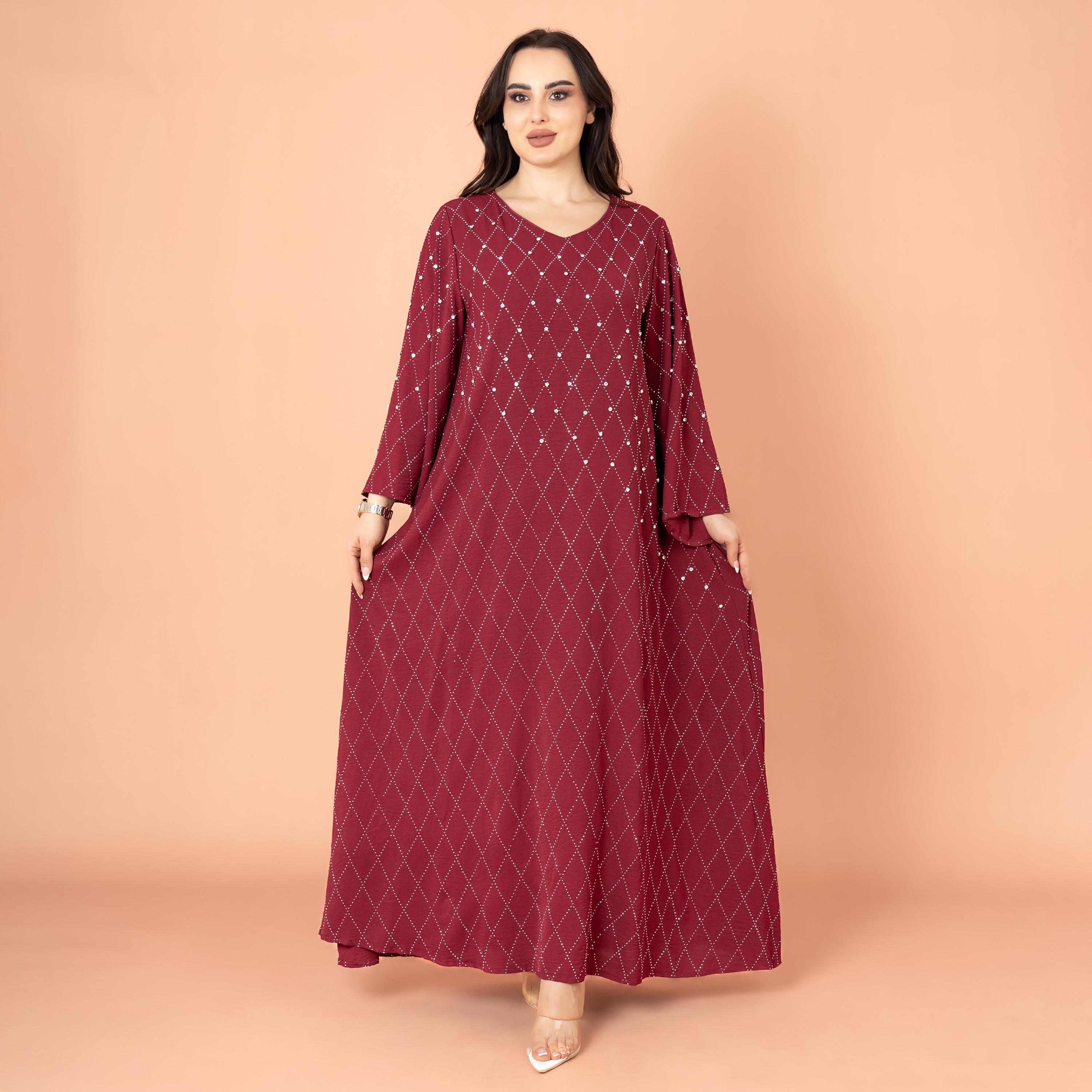 IKKXA جلابية نسائية بأكمام واسعة مرصعة بأحجار الراين ومسائية هندسية-women-arabicclothing-jalabiyas-image-16
