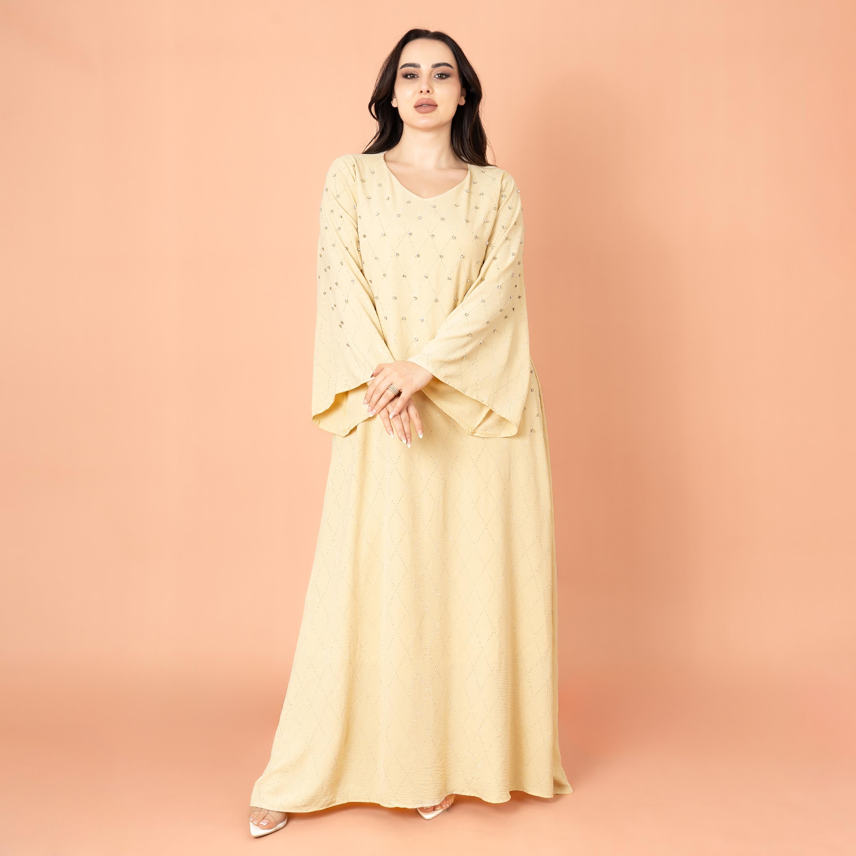 IKKXA جلابية نسائية بأكمام واسعة مرصعة بأحجار الراين ومسائية هندسية-women-arabicclothing-jalabiyas-image-18