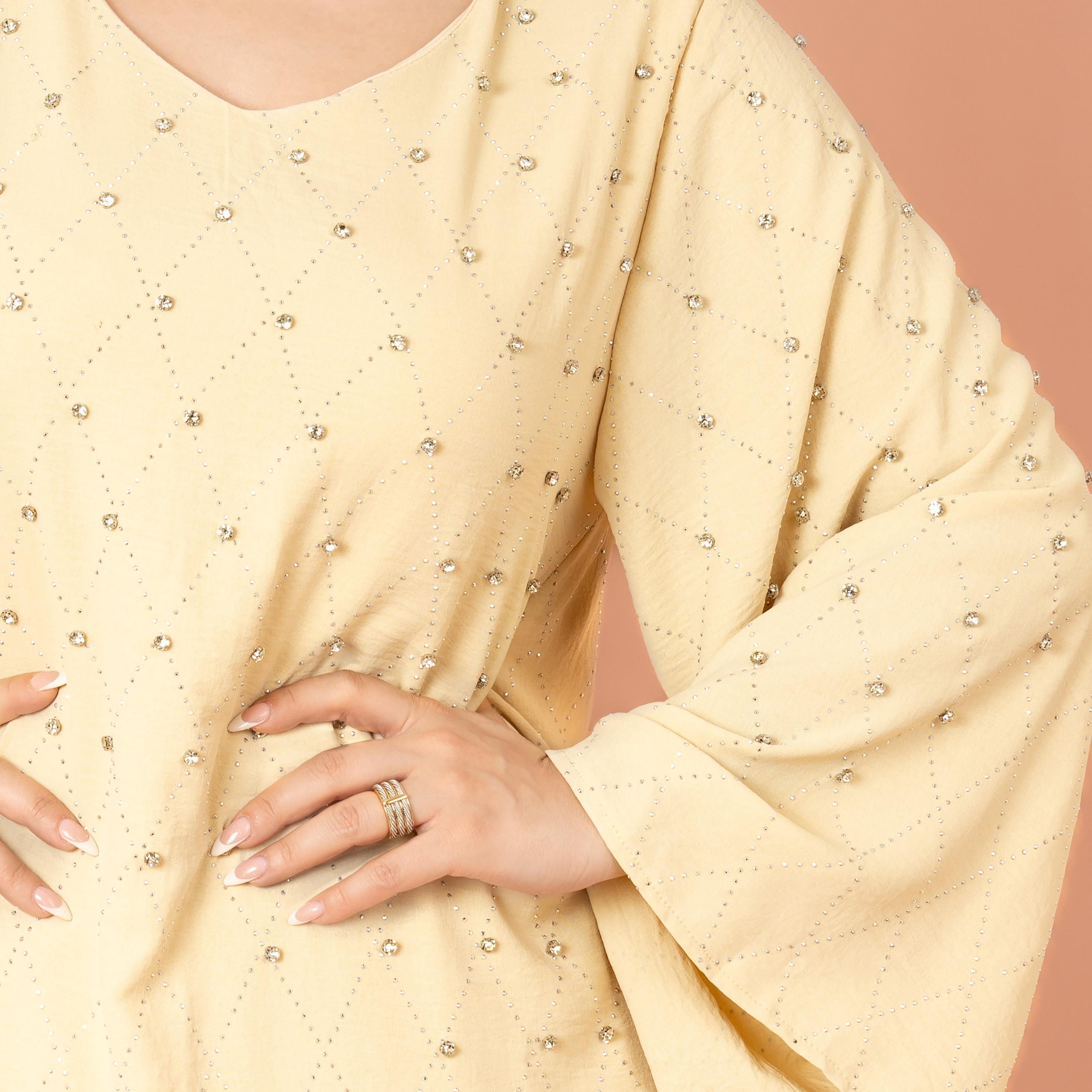 IKKXA جلابية نسائية بأكمام واسعة مرصعة بأحجار الراين ومسائية هندسية-women-arabicclothing-jalabiyas-image-19