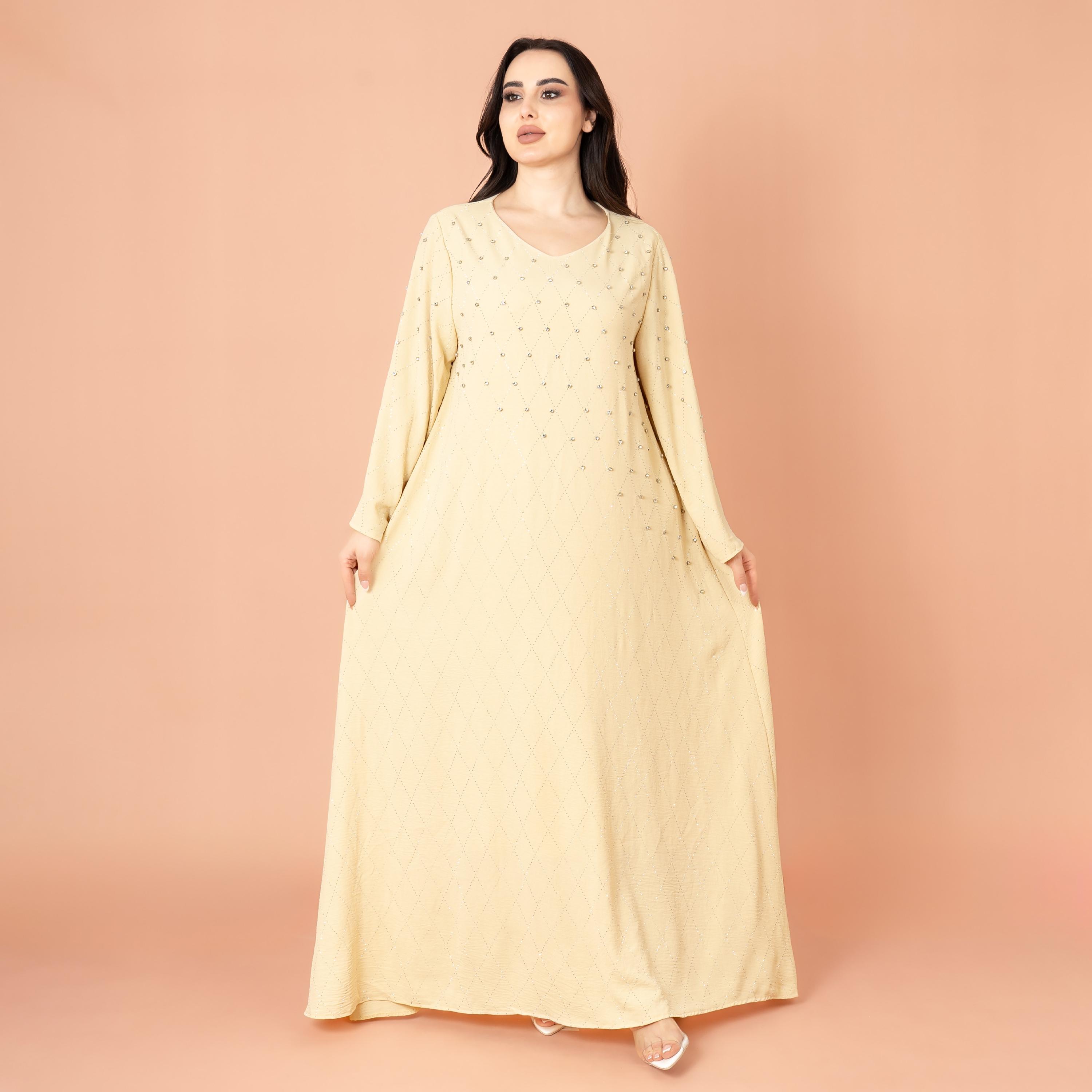 IKKXA جلابية نسائية بأكمام واسعة مرصعة بأحجار الراين ومسائية هندسية-women-arabicclothing-jalabiyas-image-22