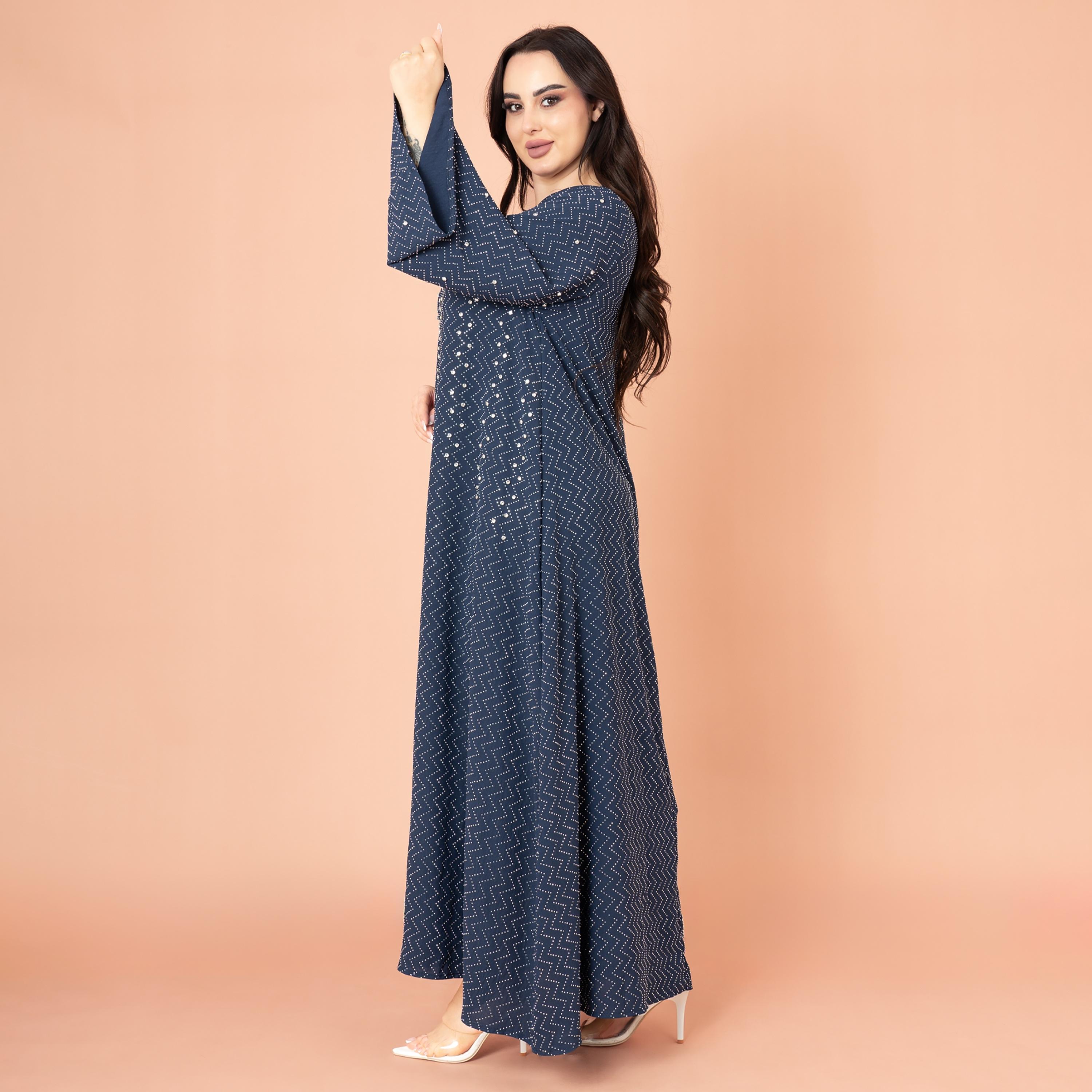 IKKXA جلابية نسائية مسائية بأكمام واسعة من حجر الراين مع نمط متعرج-women-arabicclothing-jalabiyas-image-3