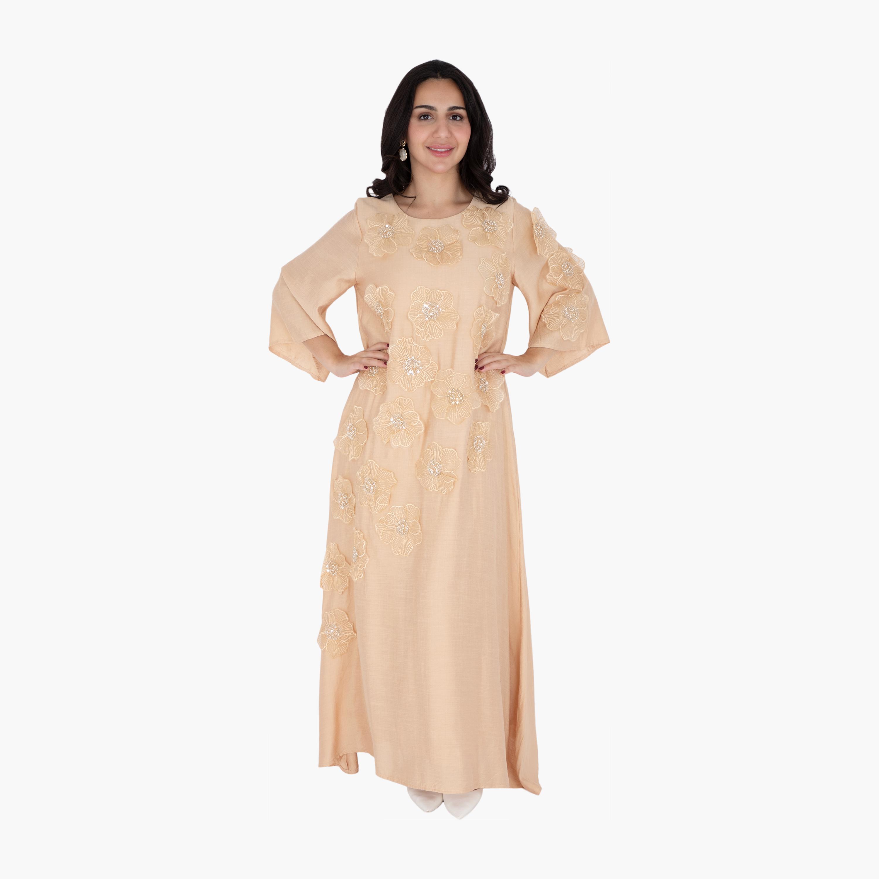 IKKXA Beige 3D Flowers Flared Sleeves Women's Evening Jalabiya-women-arabicclothing-jalabiyas-image-1