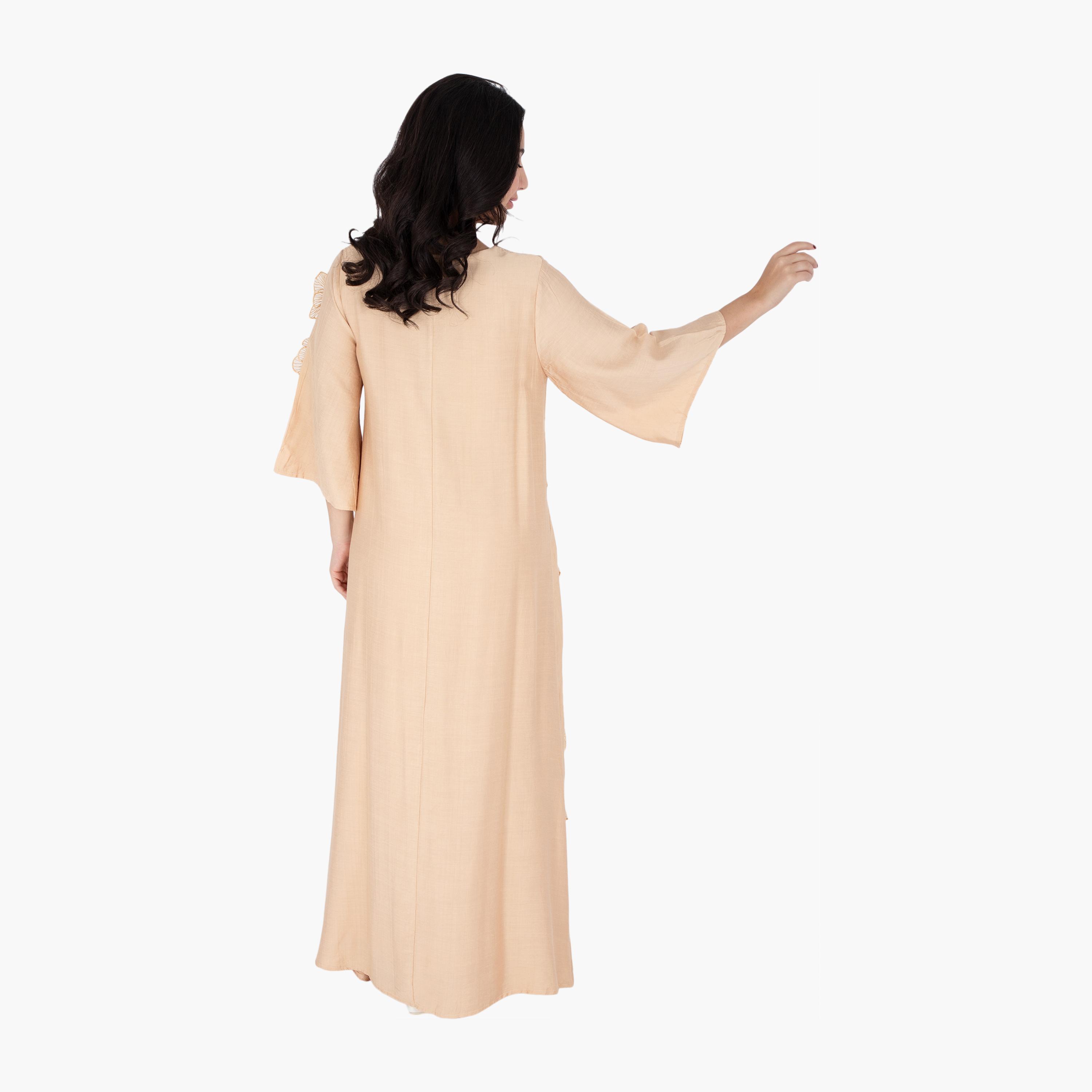 IKKXA Beige 3D Flowers Flared Sleeves Women's Evening Jalabiya-women-arabicclothing-jalabiyas-image-4